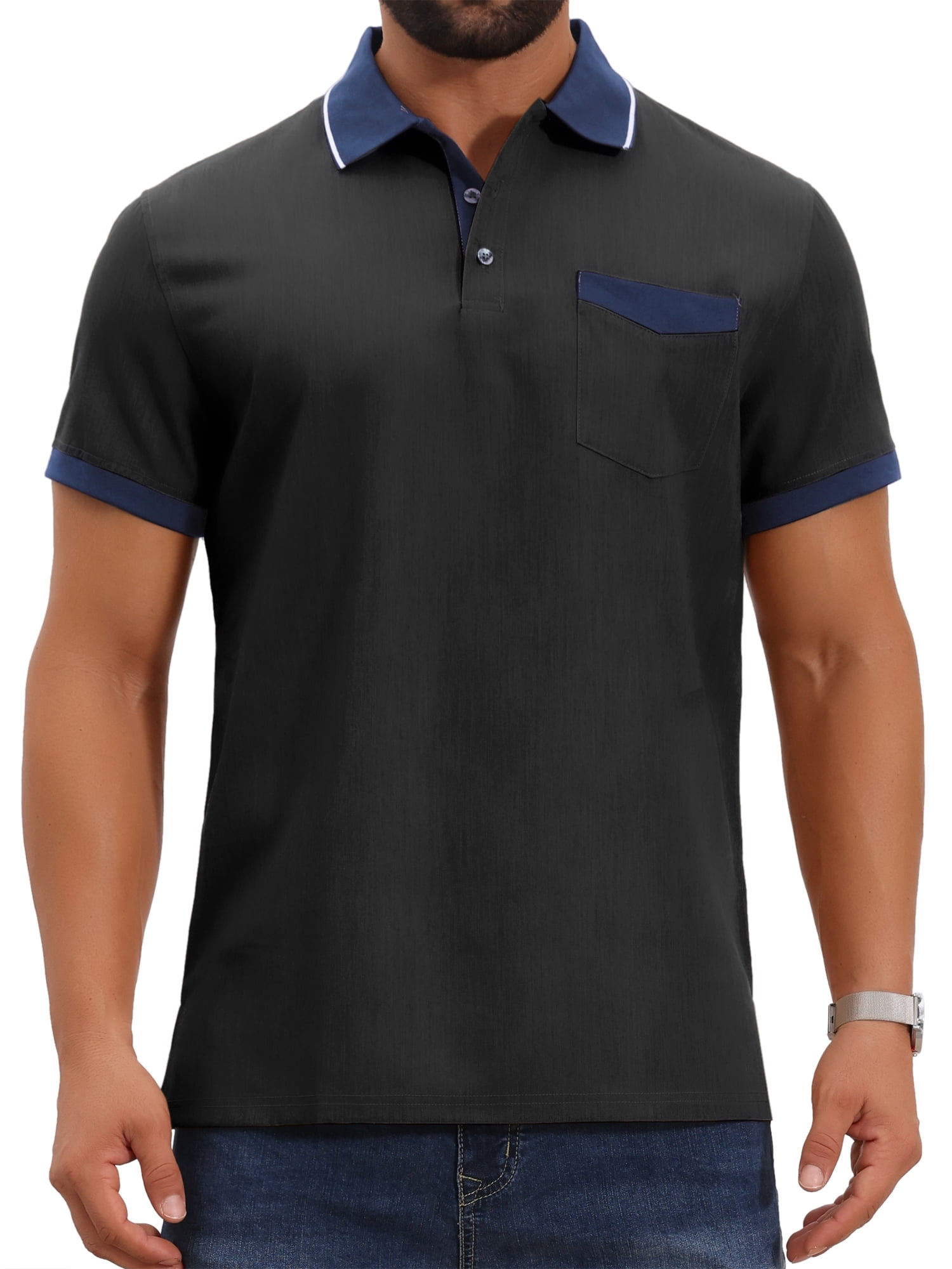 DARING DIVA Men's Short Sleeve Western Retro Stretch Color-Block Polo Shirts L Black