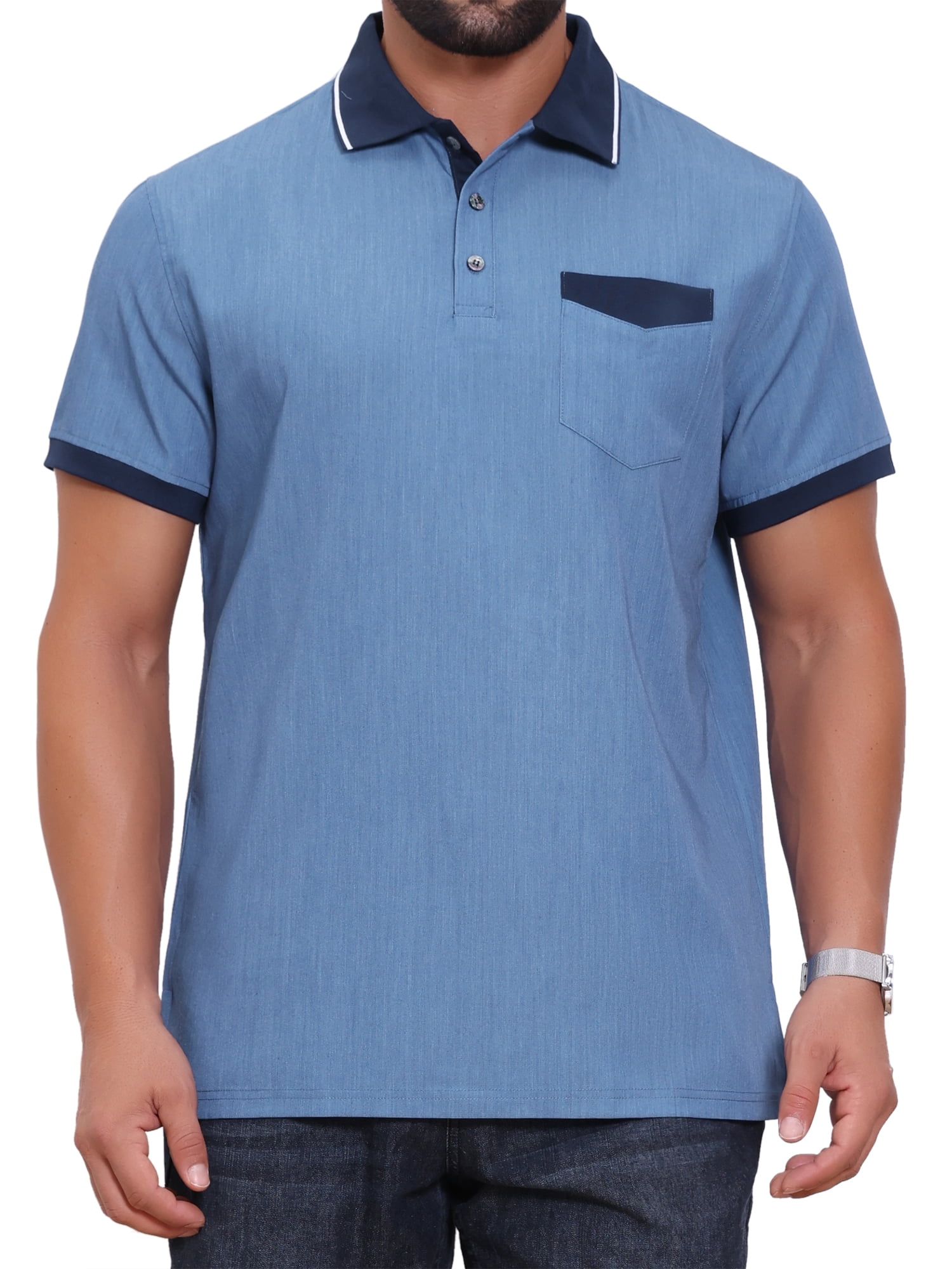 DARING DIVA Men's Short Sleeve Western Retro Stretch Color-Block Polo Shirts L Blue