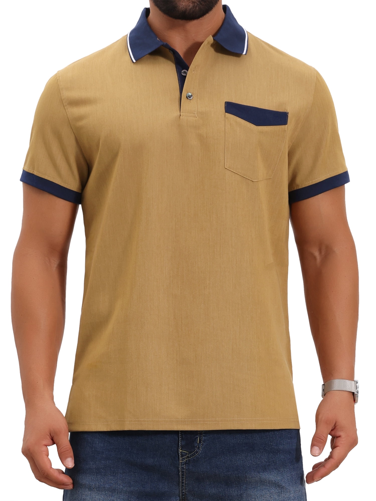 DARING DIVA Men's Short Sleeve Western Retro Stretch Color-Block Polo Shirts XL Khaki