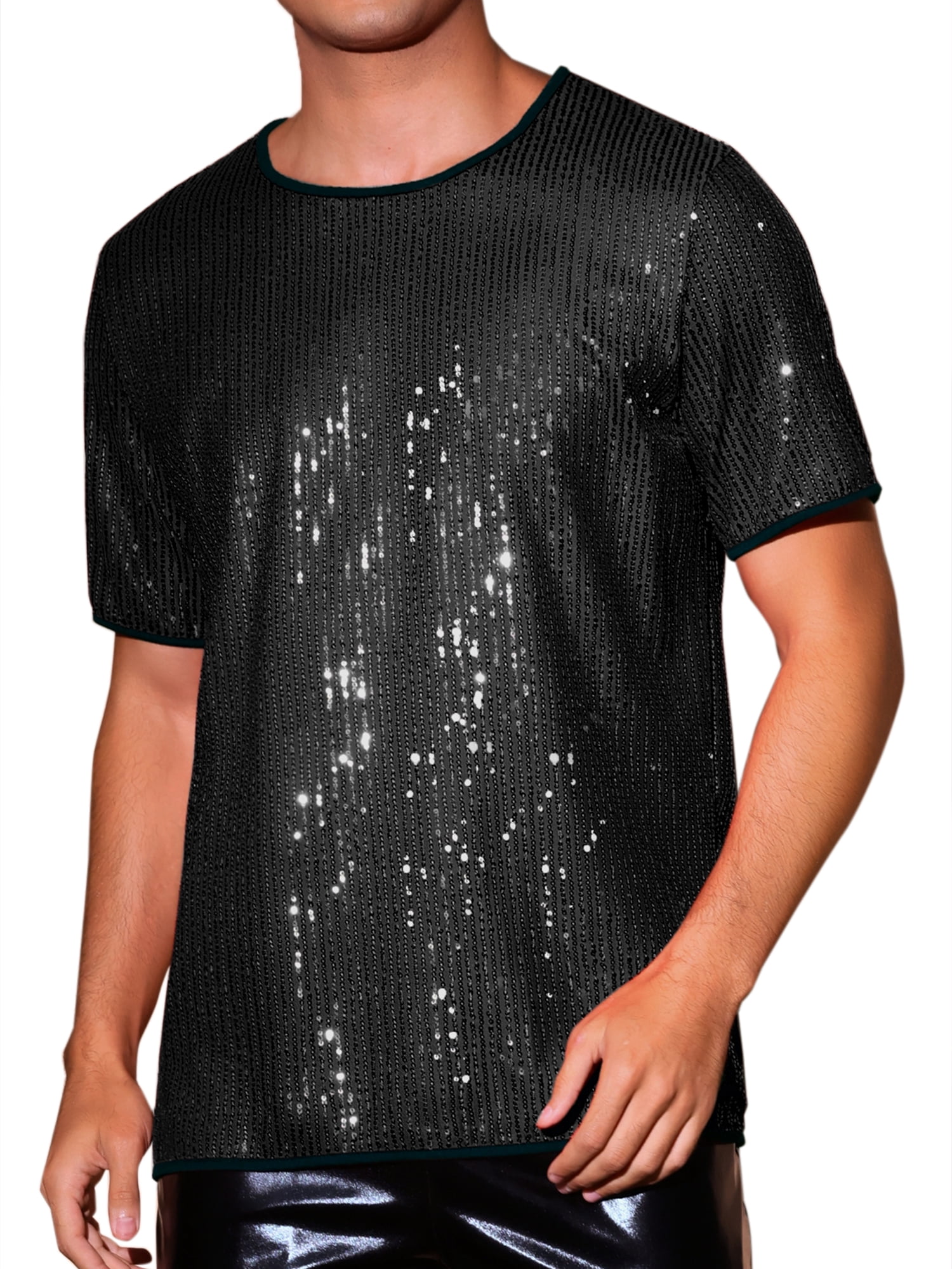 DARING DIVA Men's Short Sleeved Club Rave Party Sparkly Shiny Top S Black