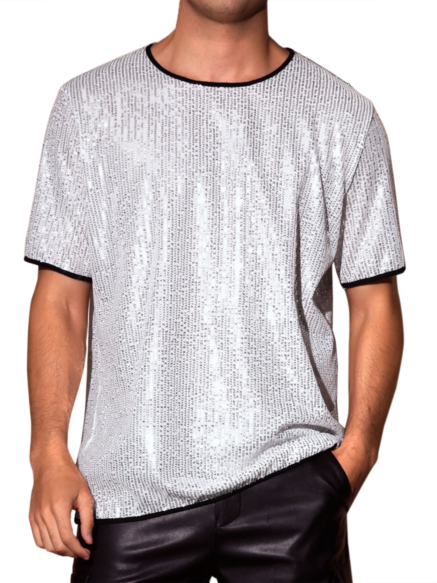DARING DIVA Men's Short Sleeved Club Rave Party Sparkly Shiny Top S Silver