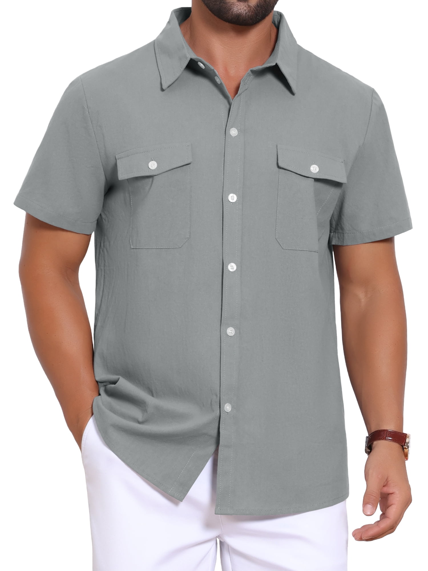 DARING DIVA Men's Linen Chest Pockets Short Sleeves Button Down  Shirt 3XL Gray