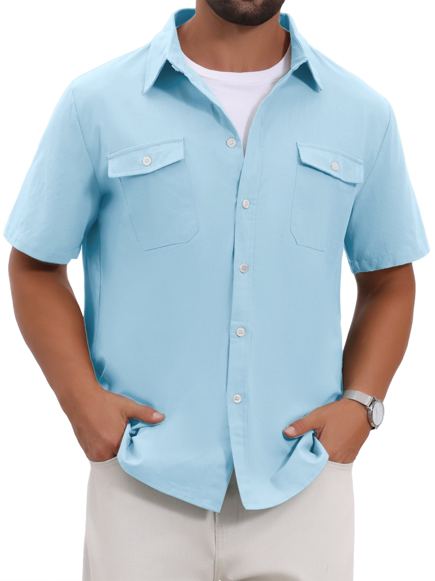 DARING DIVA Men's Linen Chest Pockets Short Sleeves Button Down  Shirt L Sky Blue