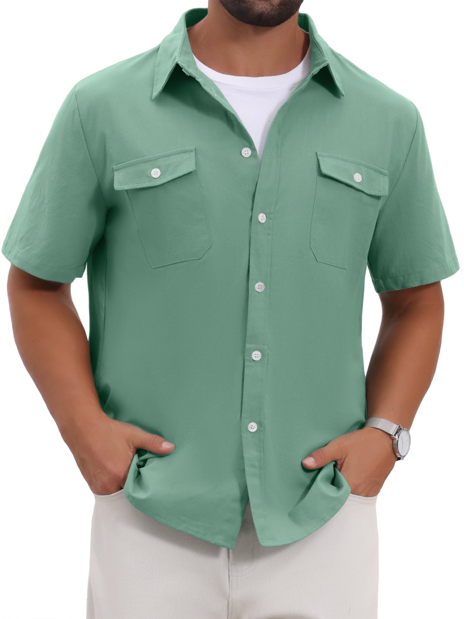 DARING DIVA Men's Linen Chest Pockets Short Sleeves Button Down  Shirt S Green