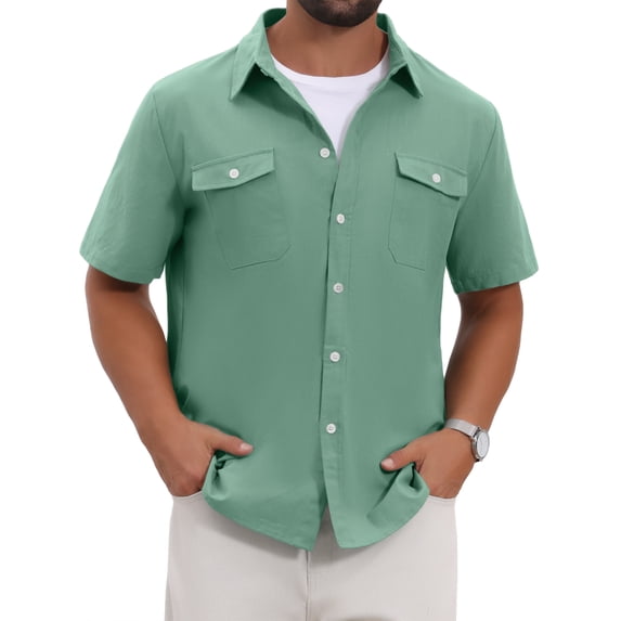 DARING DIVA Men's Linen Chest Pockets Short Sleeves Button Down Shirt S Green