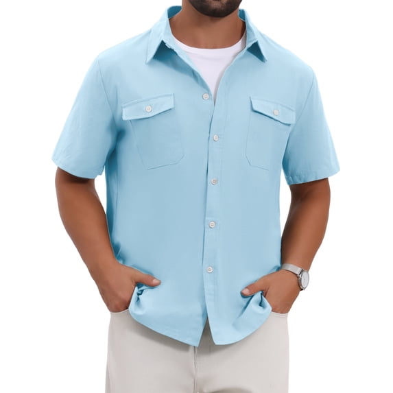 DARING DIVA Men's Linen Chest Pockets Short Sleeves Button Down Shirt XL Sky Blue