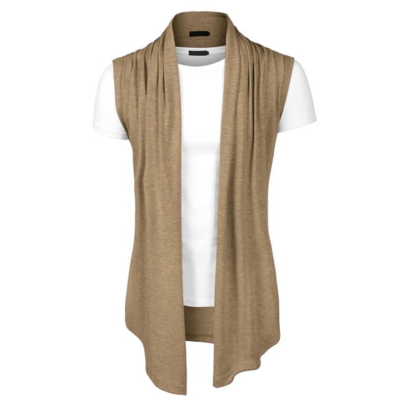 DARING DIVA Men's Sleeveless Open Front Asymmetric Hem Cardigan Vest 42 Khaki
