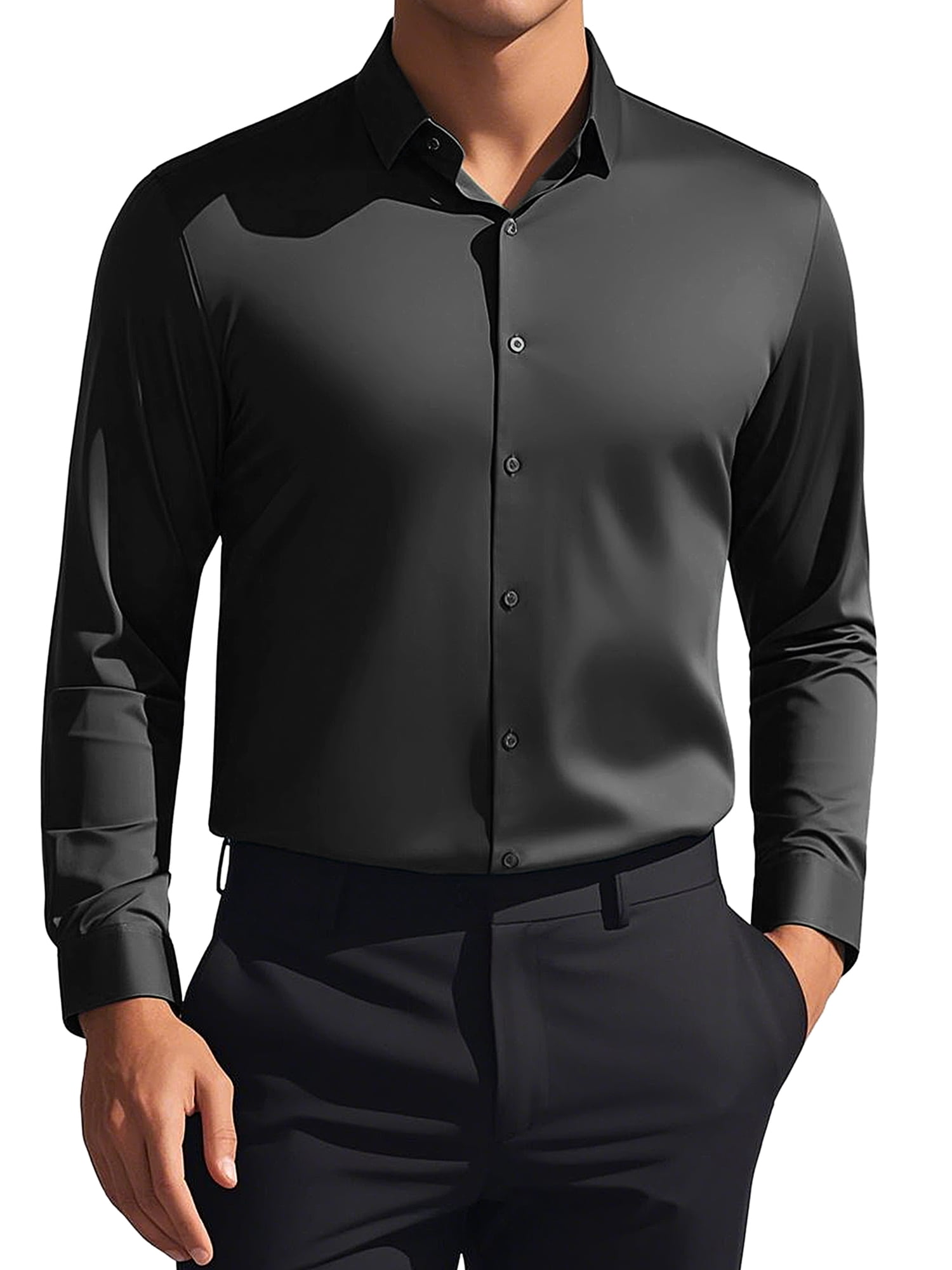 DARING DIVA Men's Soft Long Sleeve Button Down Business Formal Dress Shirt L Black