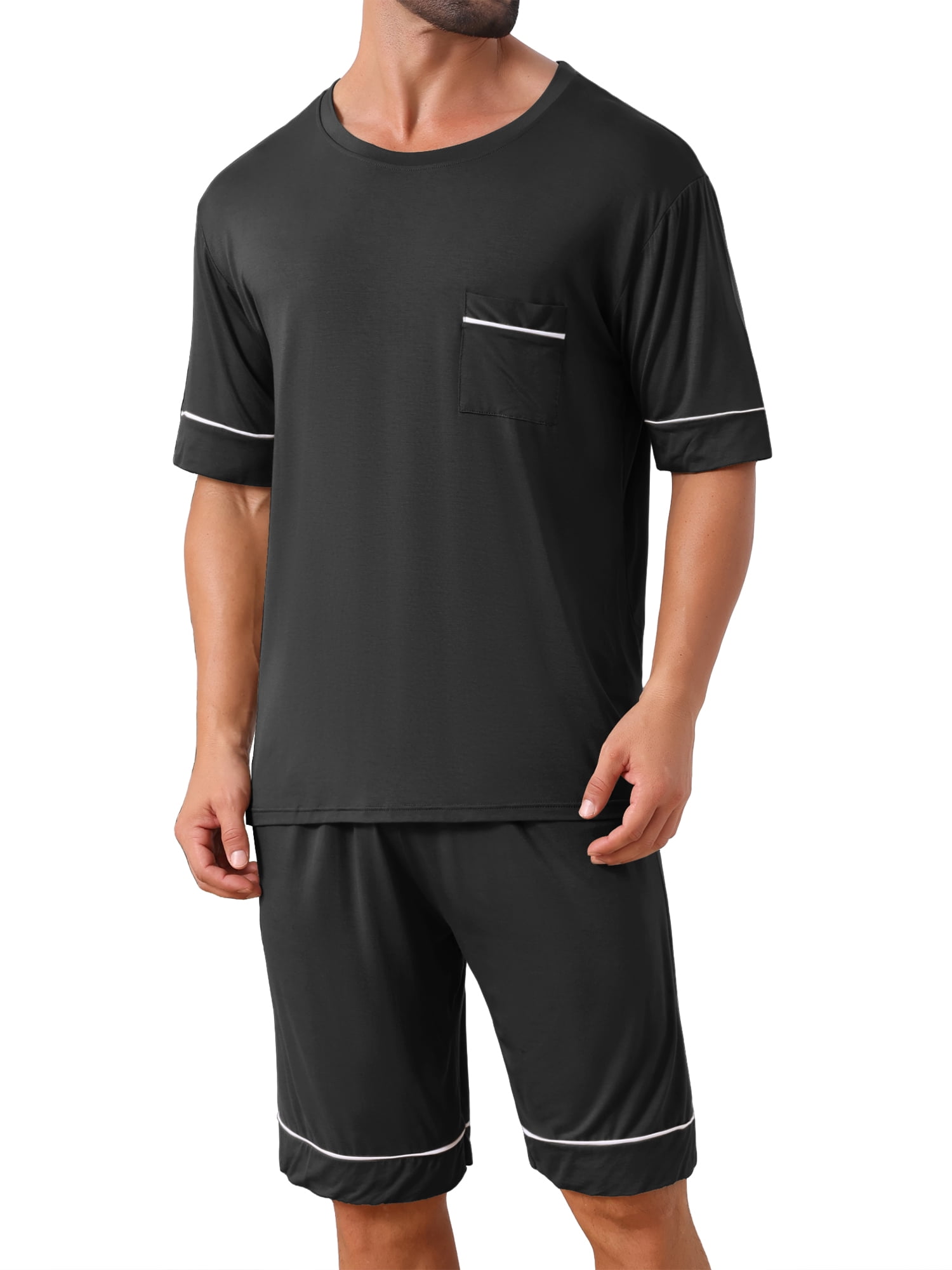 DARING DIVA Men's Soft Nightwear Summer Crew Neck Pajama Set with Pockets L Black