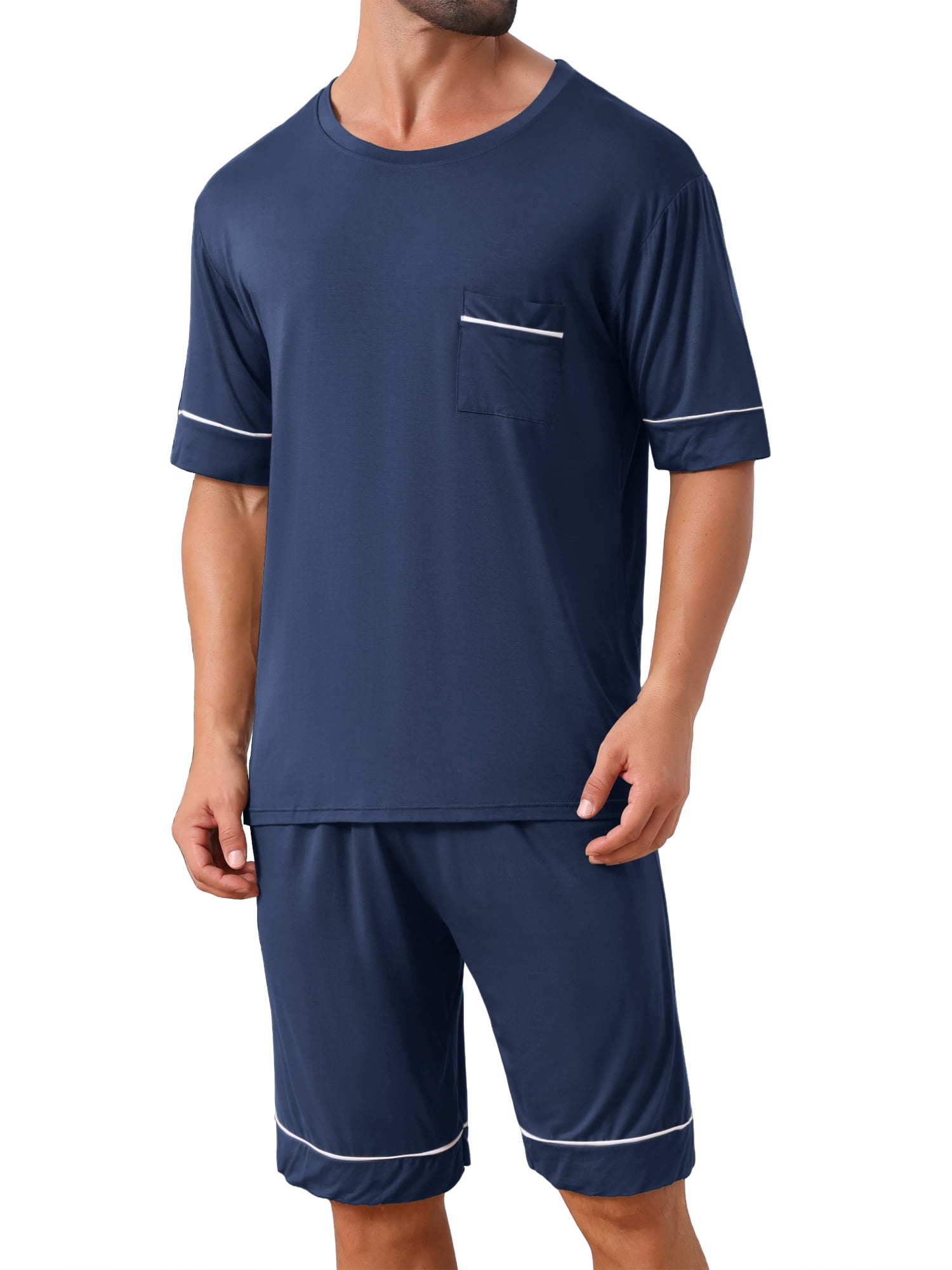 DARING DIVA Men's Soft Nightwear Summer Crew Neck Pajama Set with Pockets L Dark Blue