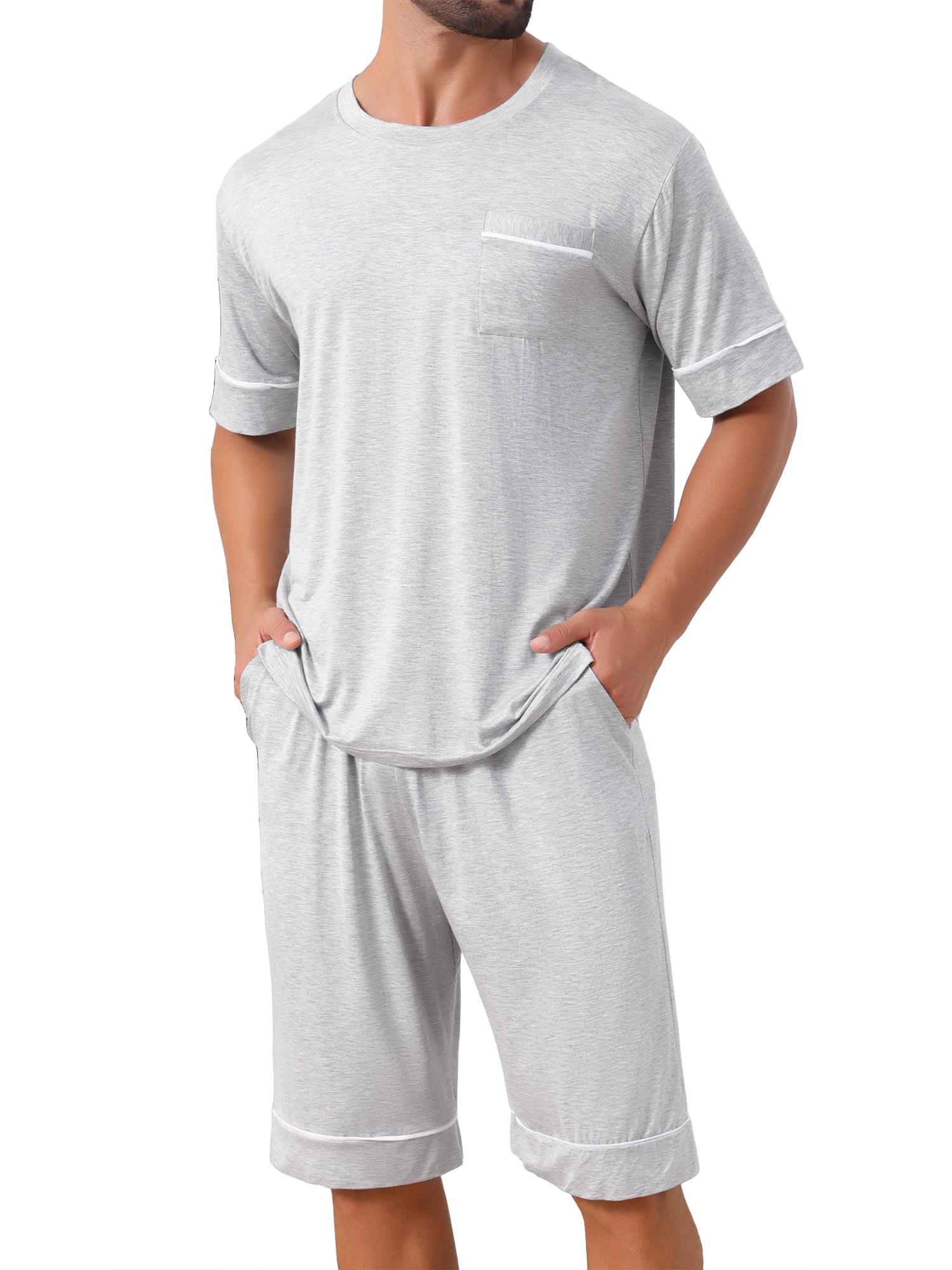 DARING DIVA Men's Soft Nightwear Summer Crew Neck Pajama Set with Pockets M Light Gray
