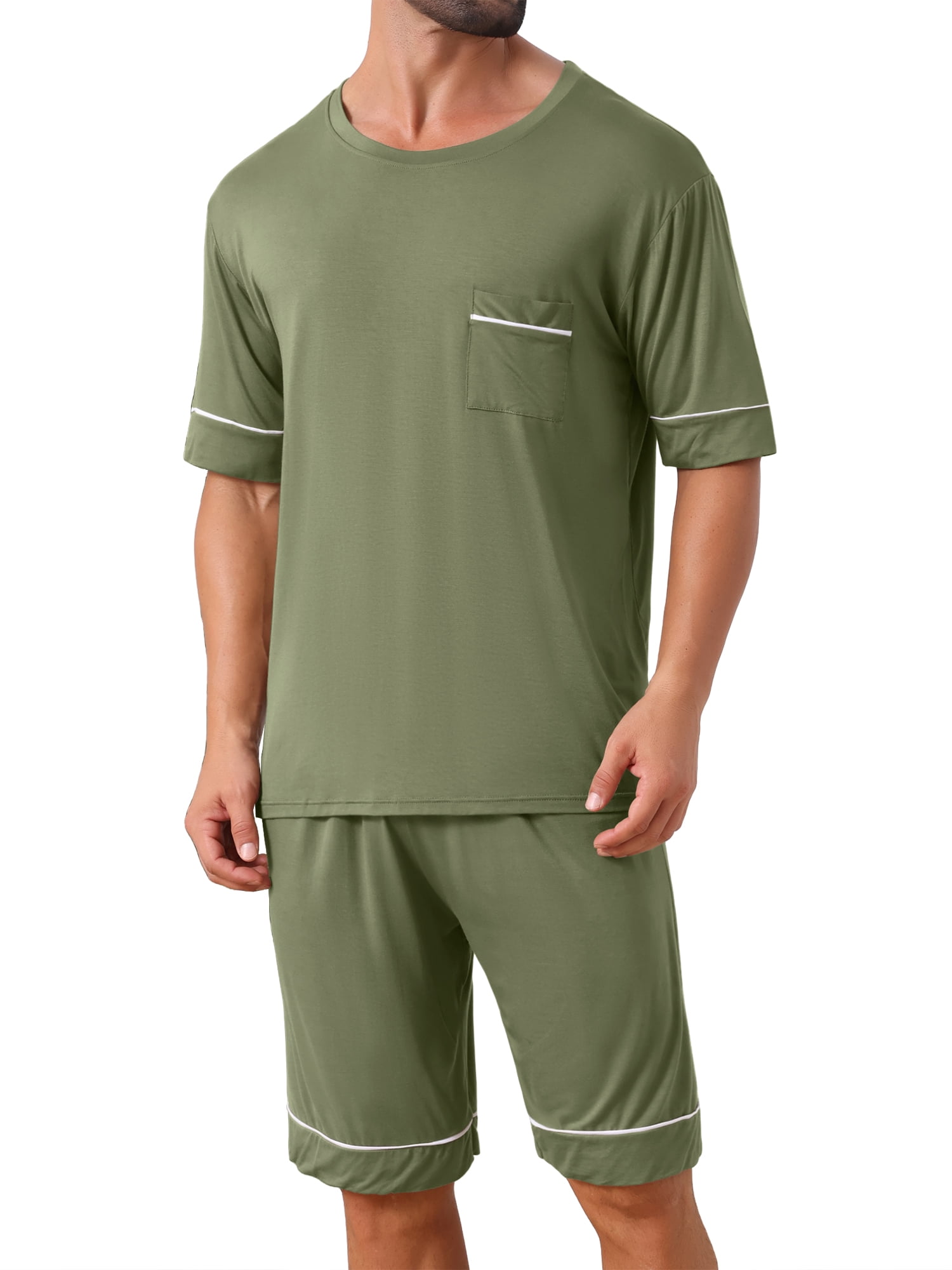 DARING DIVA Men's Soft Nightwear Summer Crew Neck Pajama Set with Pockets XL Olive Green