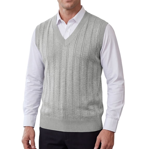 DARING DIVA Men's Solid Cable Knit V-Neck Ribbed Pullover Sweater Vest XL Light Gray