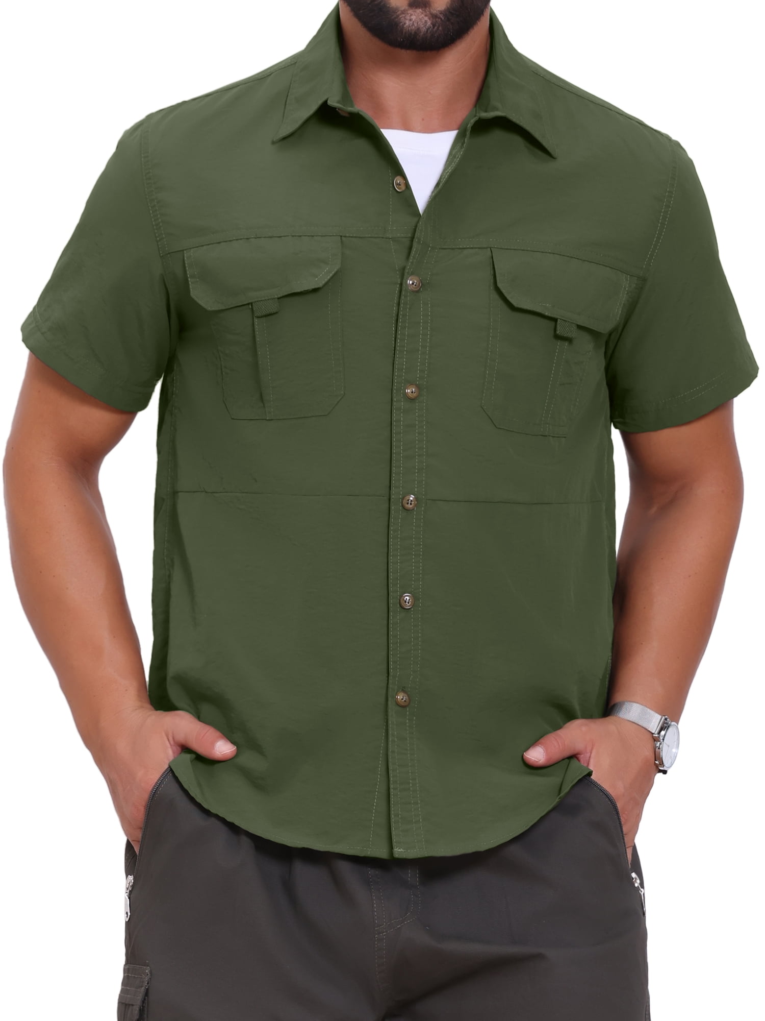 DARING DIVA Men's Solid Cargo Short Sleeve Button Down Utility Shirts L Olive Green