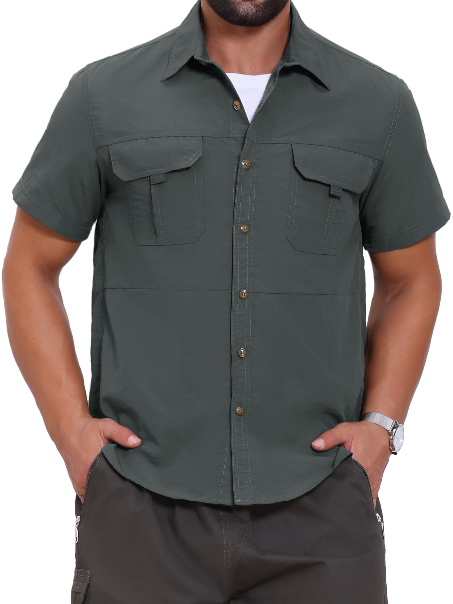 DARING DIVA Men's Solid Cargo Short Sleeve Button Down Utility Shirts M Gray