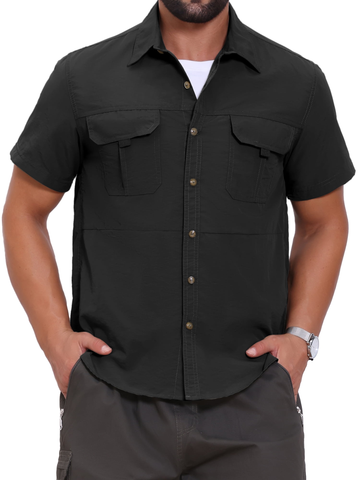 DARING DIVA Men's Solid Cargo Short Sleeve Button Down Utility Shirts XL Black