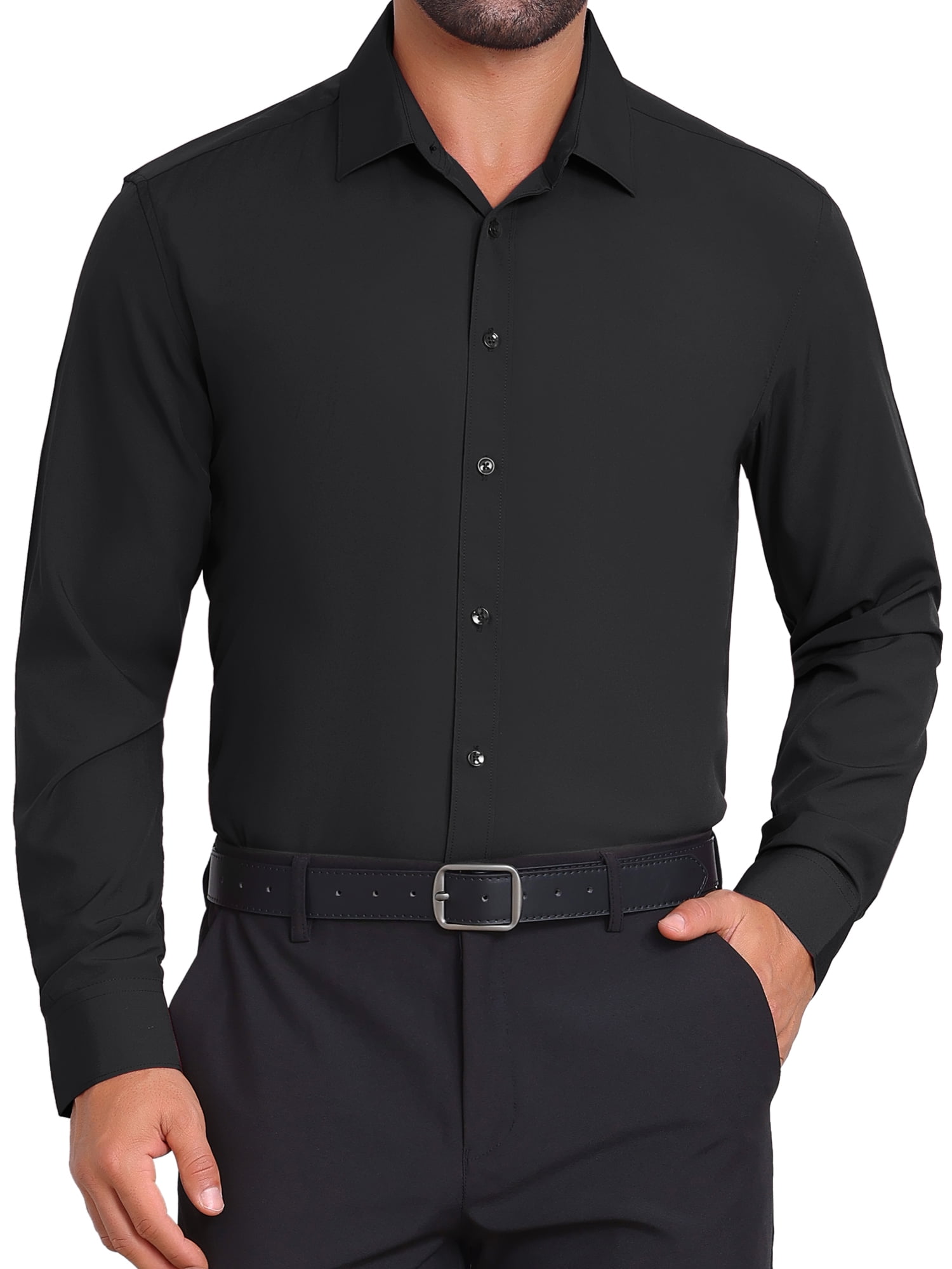 DARING DIVA Men's Solid Color Button Down Long Sleeves Stretch Shirts L Black