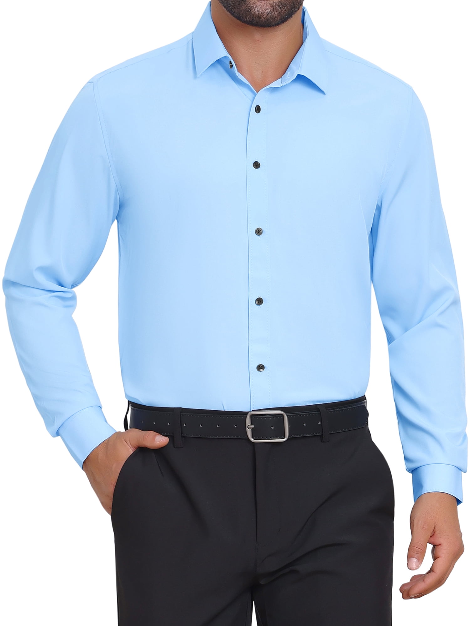 DARING DIVA Men's Solid Color Button Down Long Sleeves Stretch Shirts M Light Blue