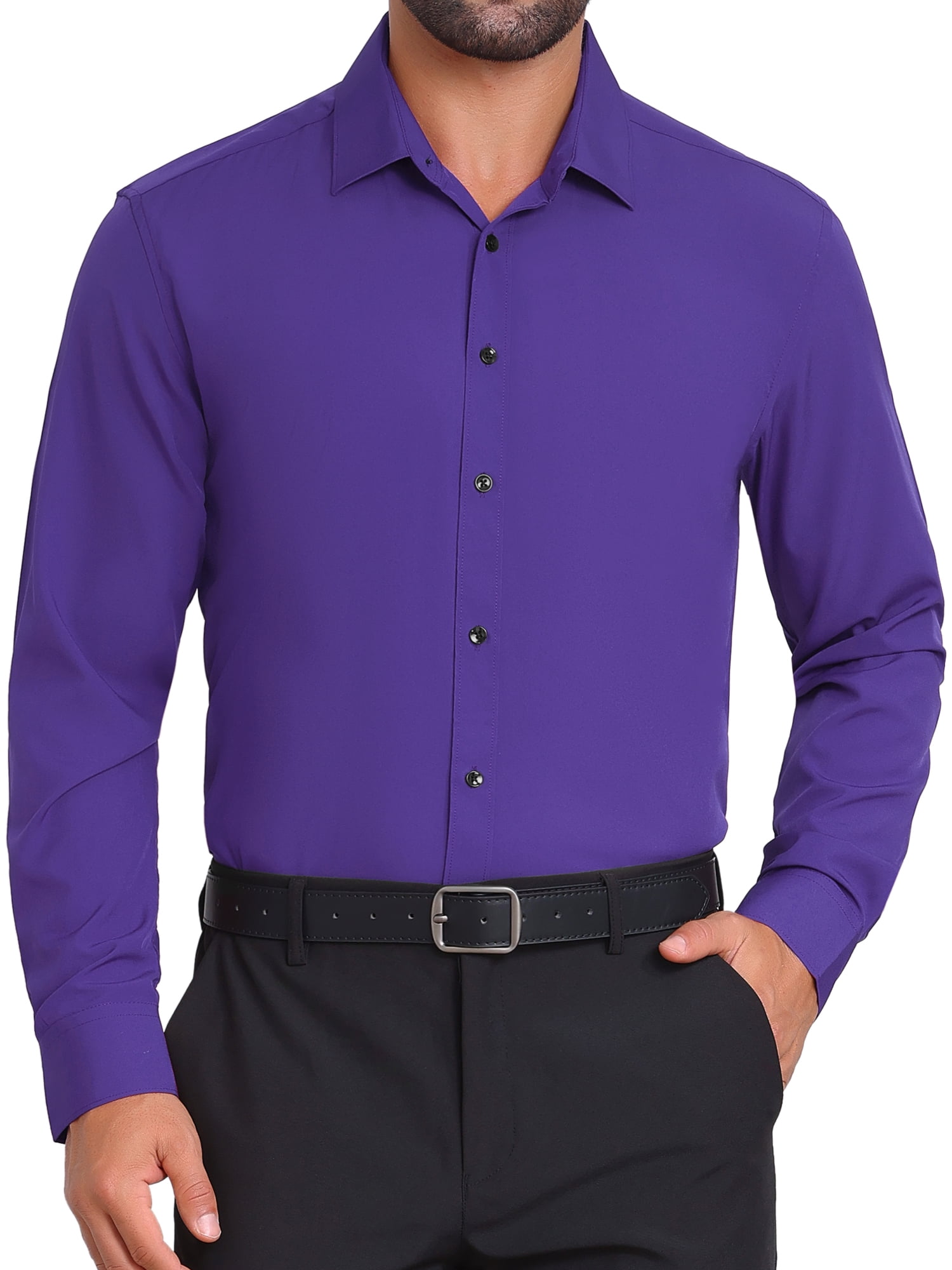 DARING DIVA Men's Solid Color Button Down Long Sleeves Stretch Shirts M Purple