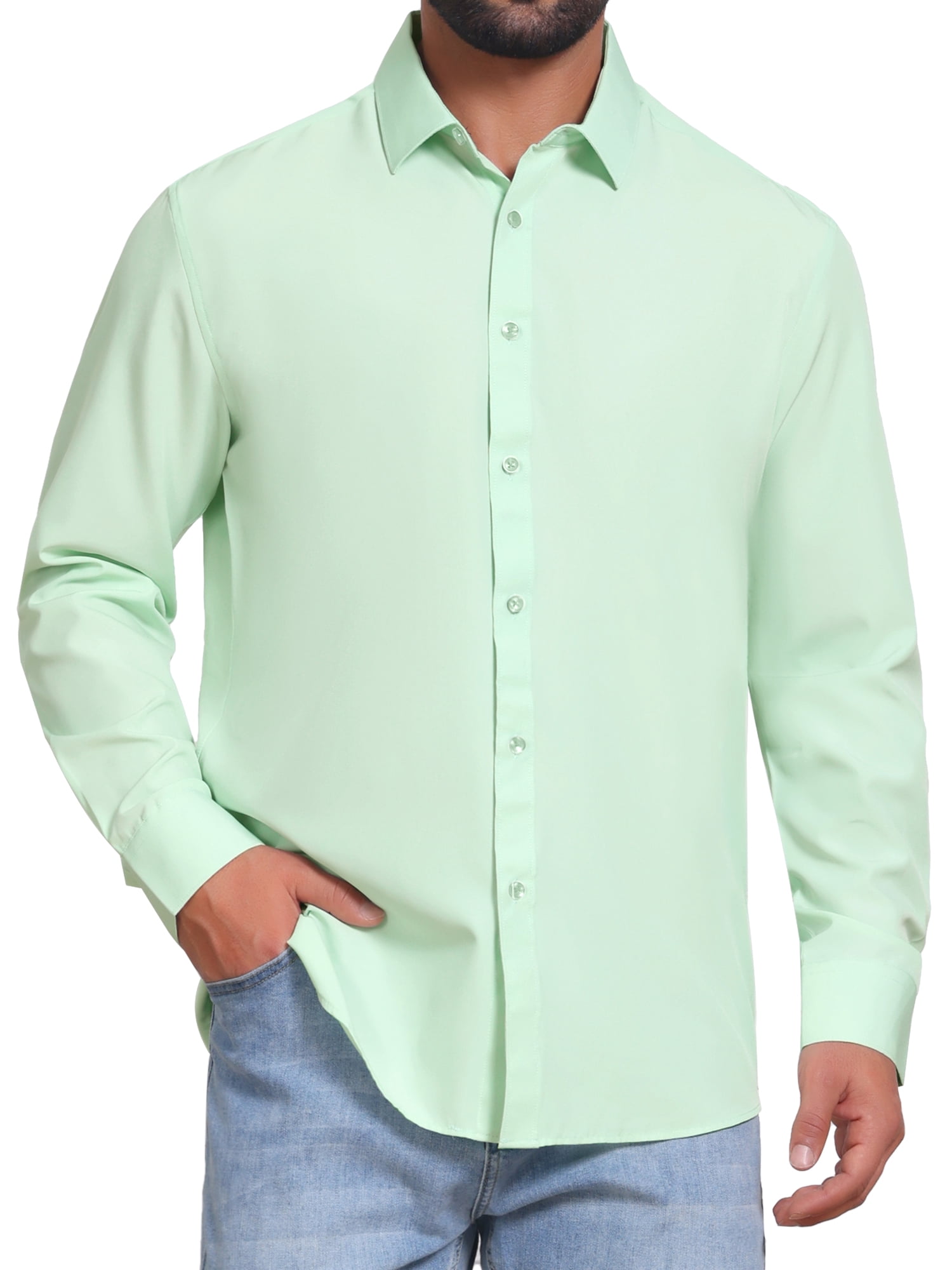 DARING DIVA Men's Solid Color Button Down Long Sleeves Stretch Shirts S Light Green
