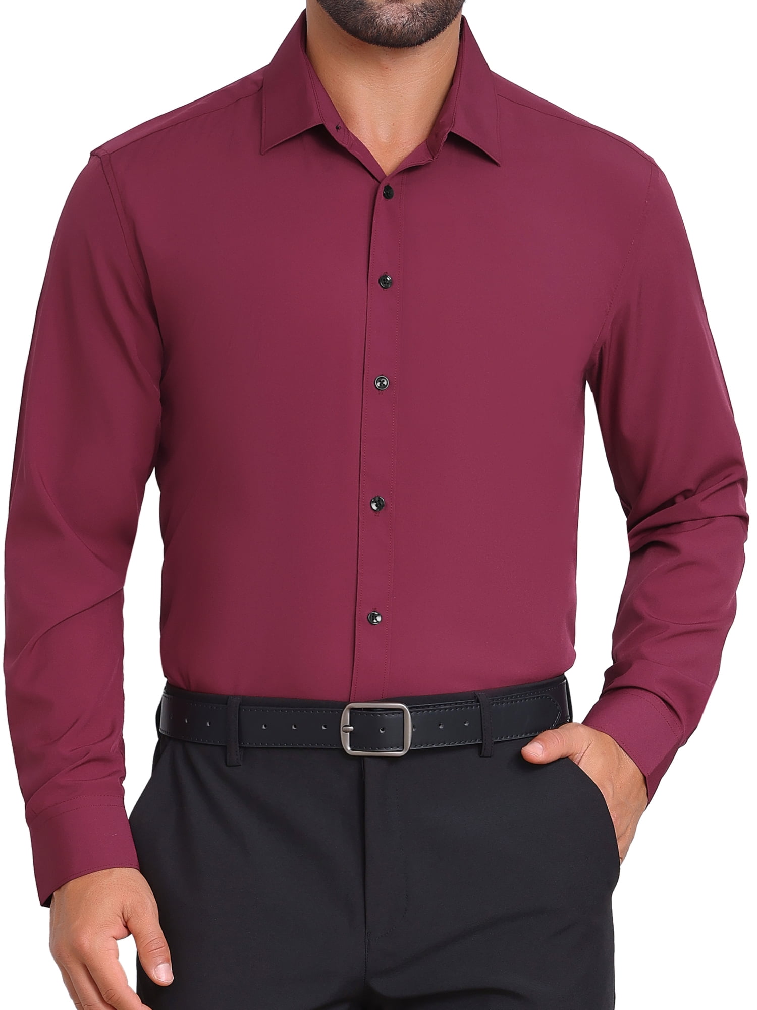DARING DIVA Men's Solid Color Button Down Long Sleeves Stretch Shirts XL Burgundy
