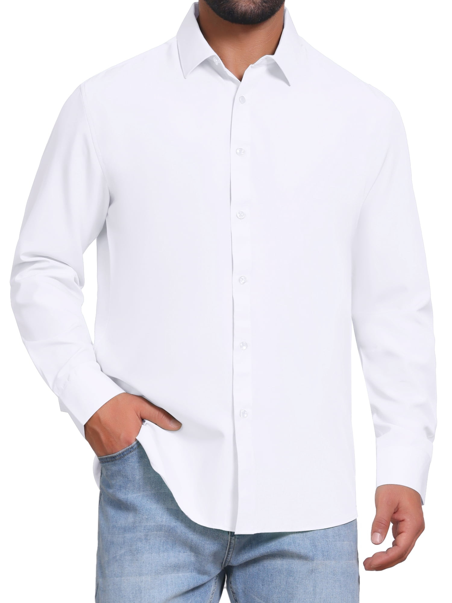DARING DIVA Men's Solid Color Button Down Long Sleeves Stretch Shirts XL White