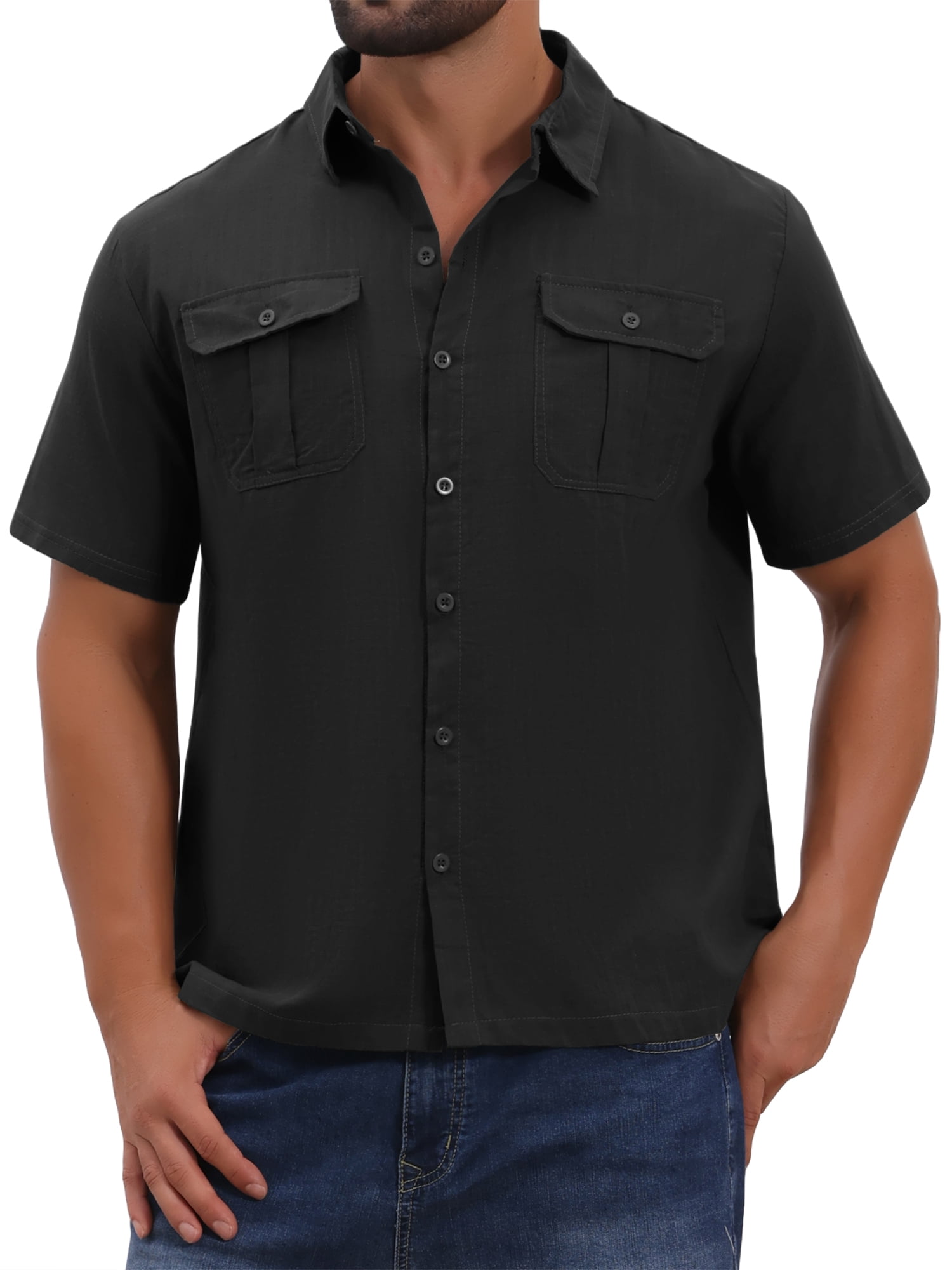 DARING DIVA Men's Solid Color Short Sleeve Button Down Linen Shirt 3XL Black