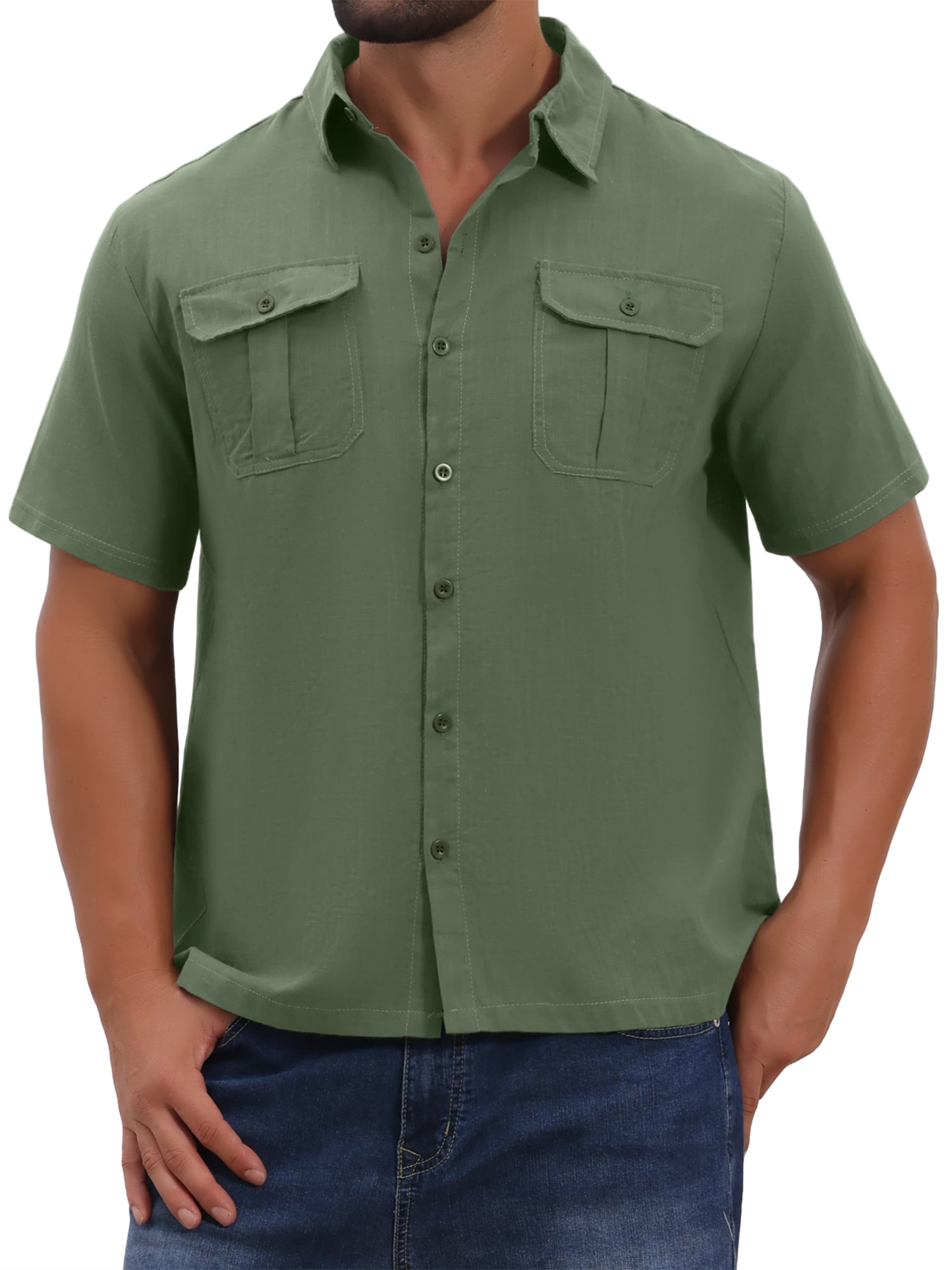 DARING DIVA Men's Solid Color Short Sleeve Button Down Linen Shirt 3XL Olive Green