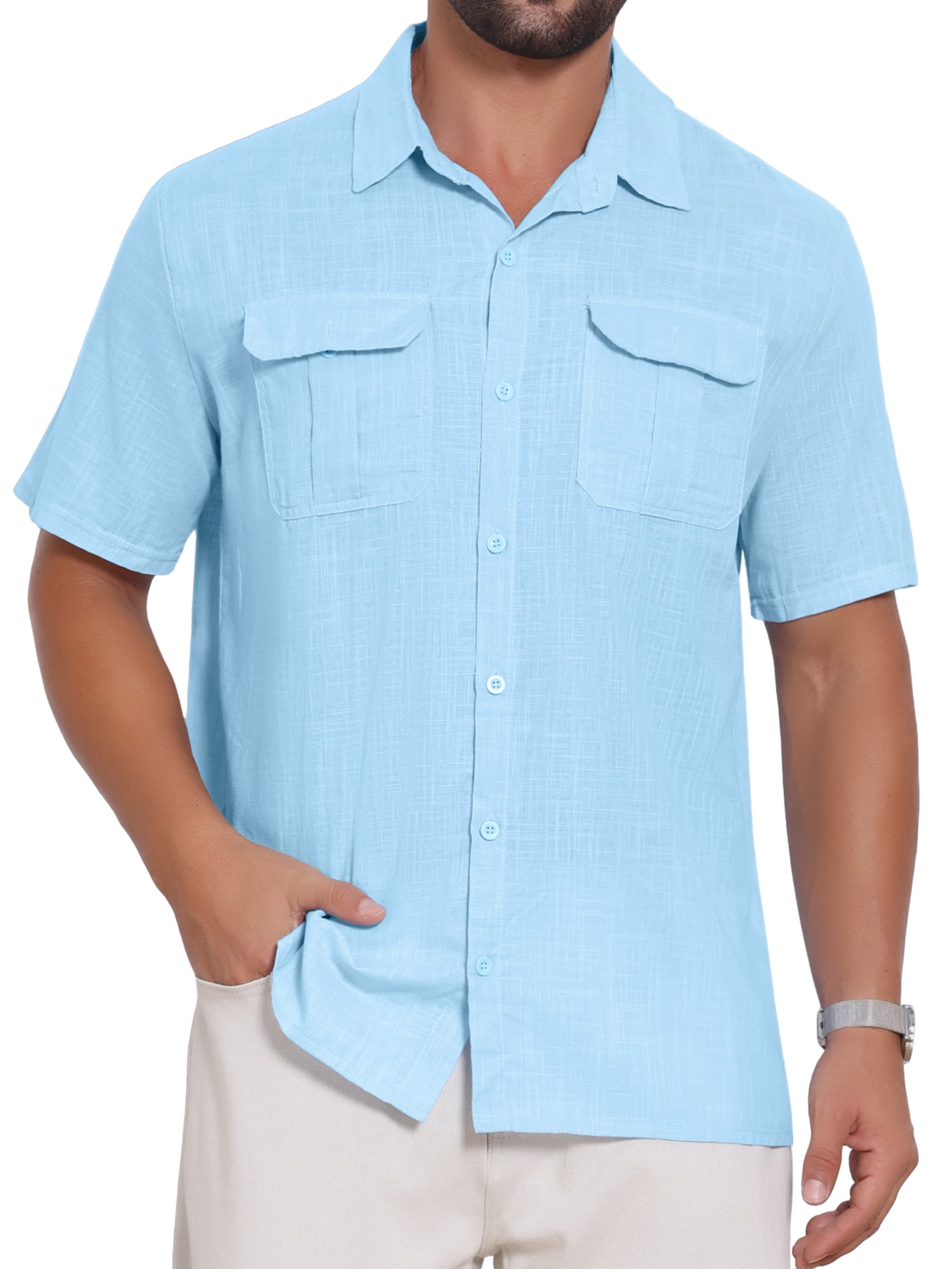 DARING DIVA Men's Solid Color Short Sleeve Button Down Linen Shirt L Light Blue