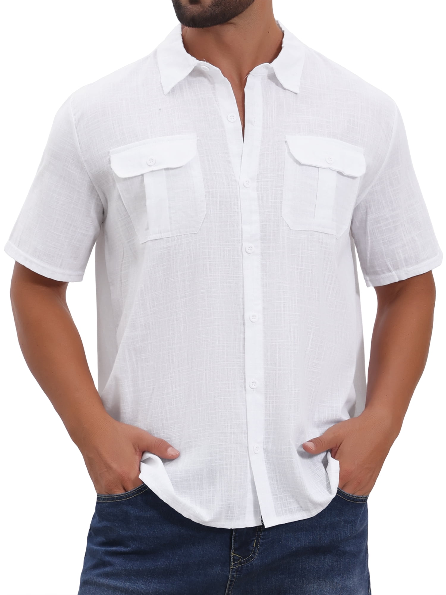 DARING DIVA Men's Solid Color Short Sleeve Button Down Linen Shirt M White