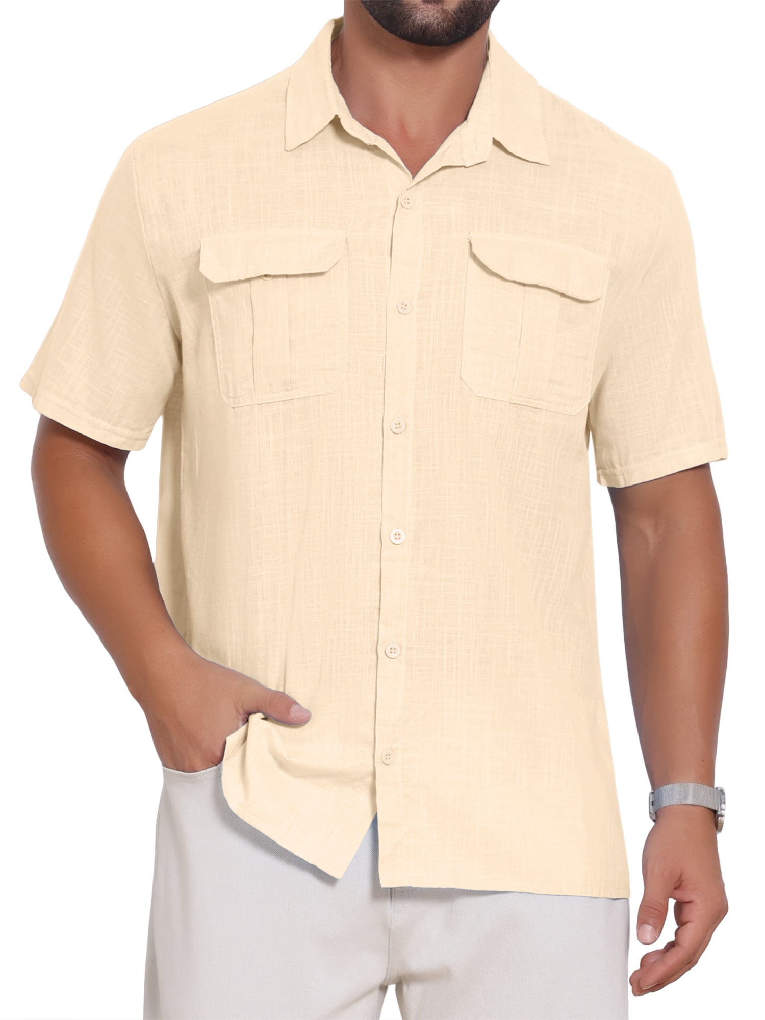 DARING DIVA Men's Solid Color Short Sleeve Button Down Linen Shirt XL Beige