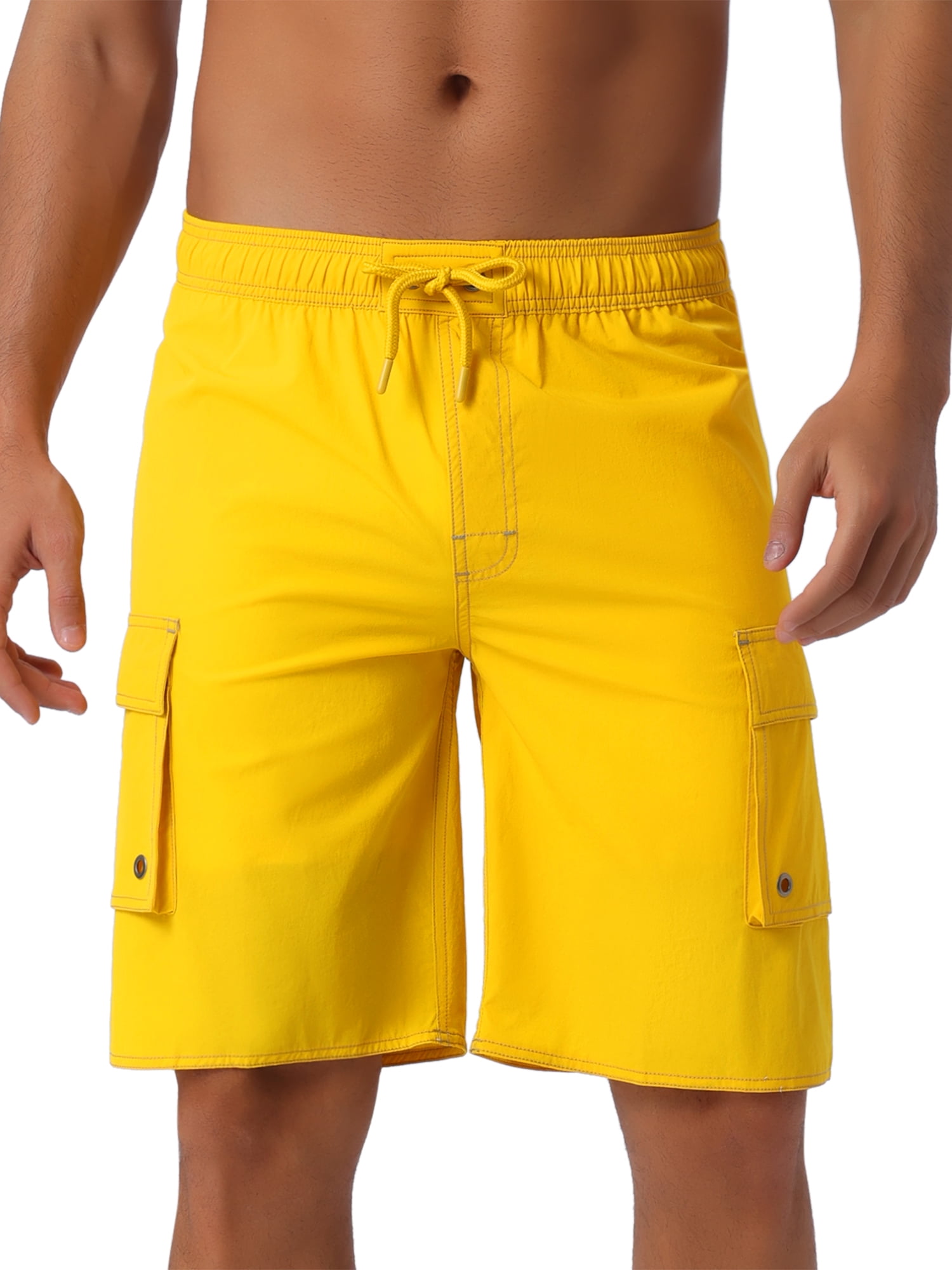 DARING DIVA Men's Solid Color Side Pockets Lining Summer Board Shorts 34 Yellow