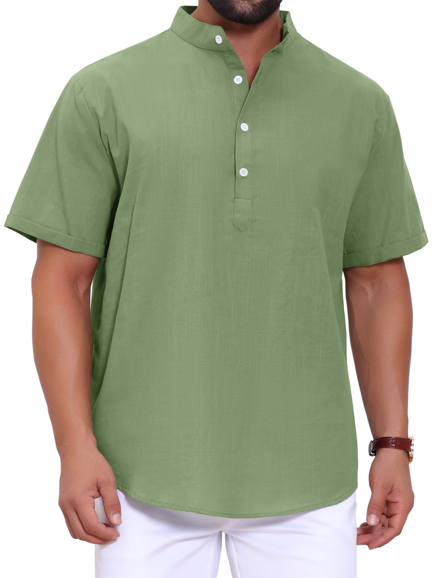 DARING DIVA Men's Solid Color Stand Collar Short Sleeve Henley Shirts 2XL Olive Green