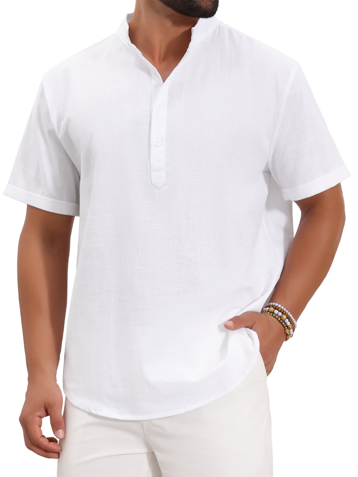 DARING DIVA Men's Solid Color Stand Collar Short Sleeve Henley Shirts 2XL White