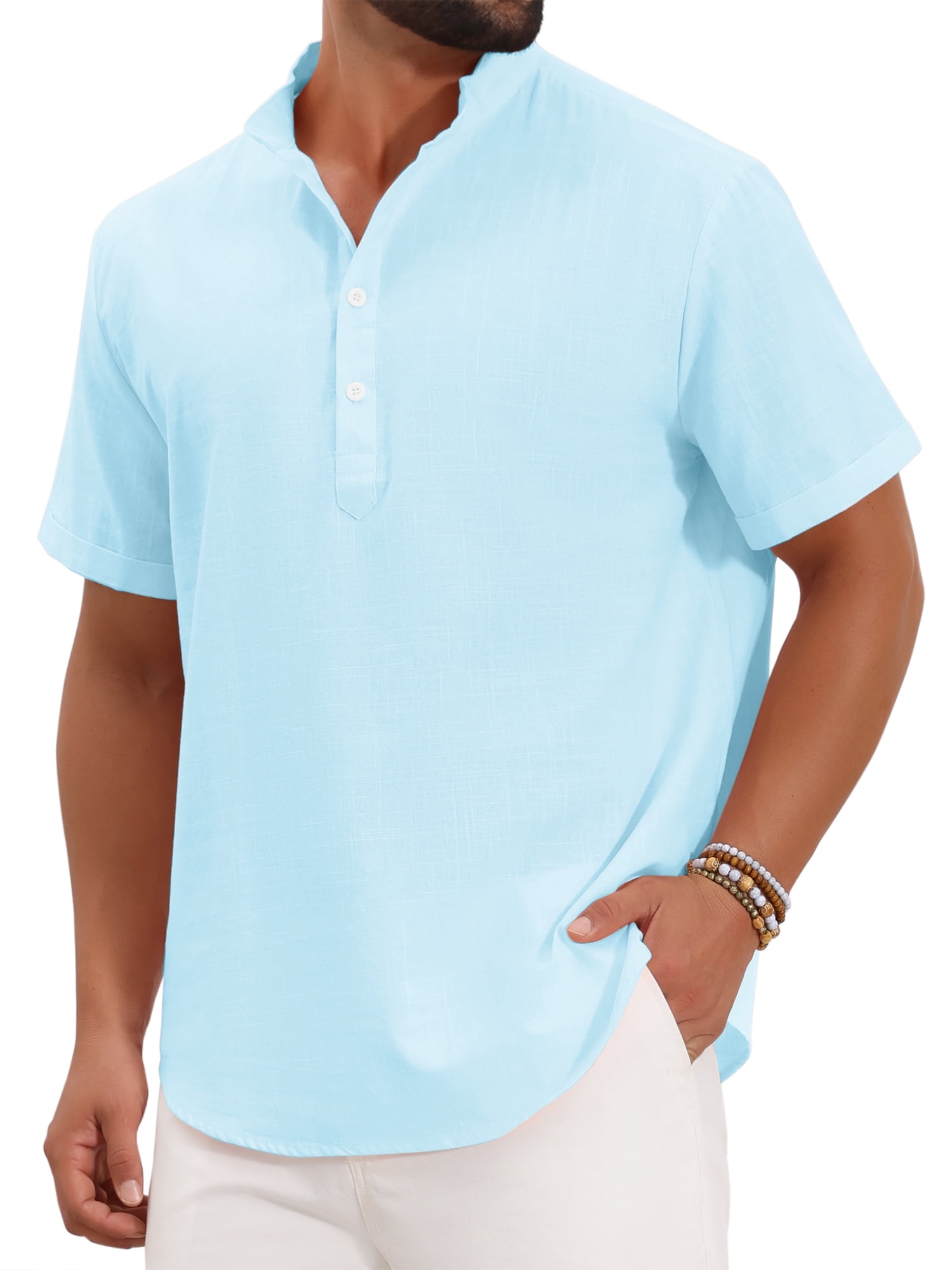 DARING DIVA Men's Solid Color Stand Collar Short Sleeve Henley Shirts M Light Blue