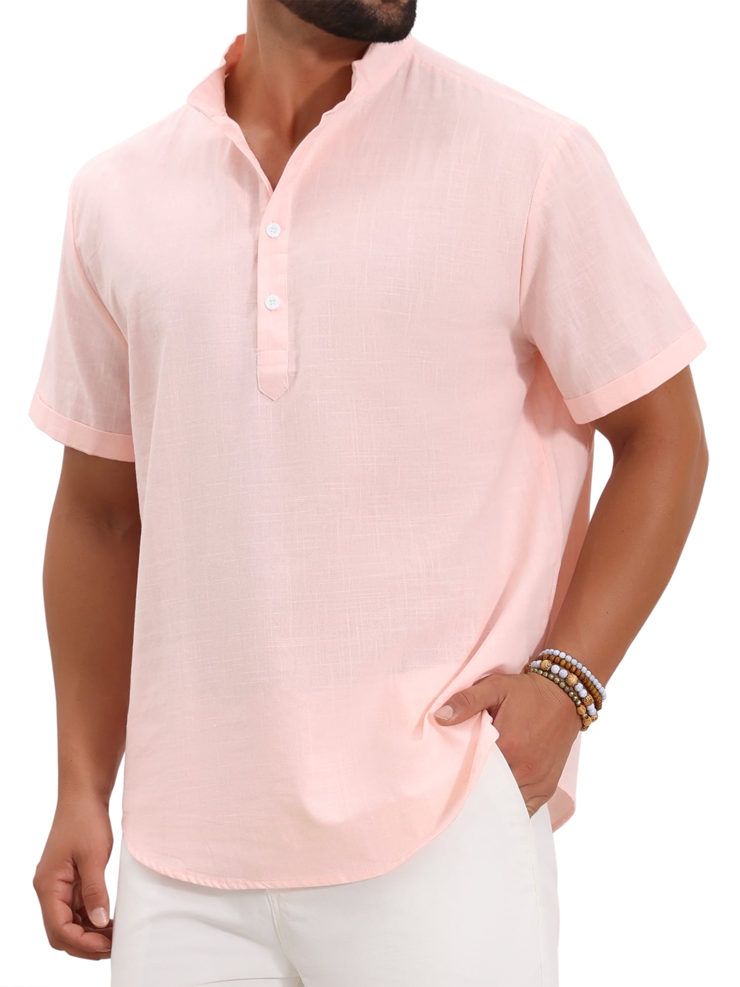 DARING DIVA Men's Solid Color Stand Collar Short Sleeve Henley Shirts XL Pink