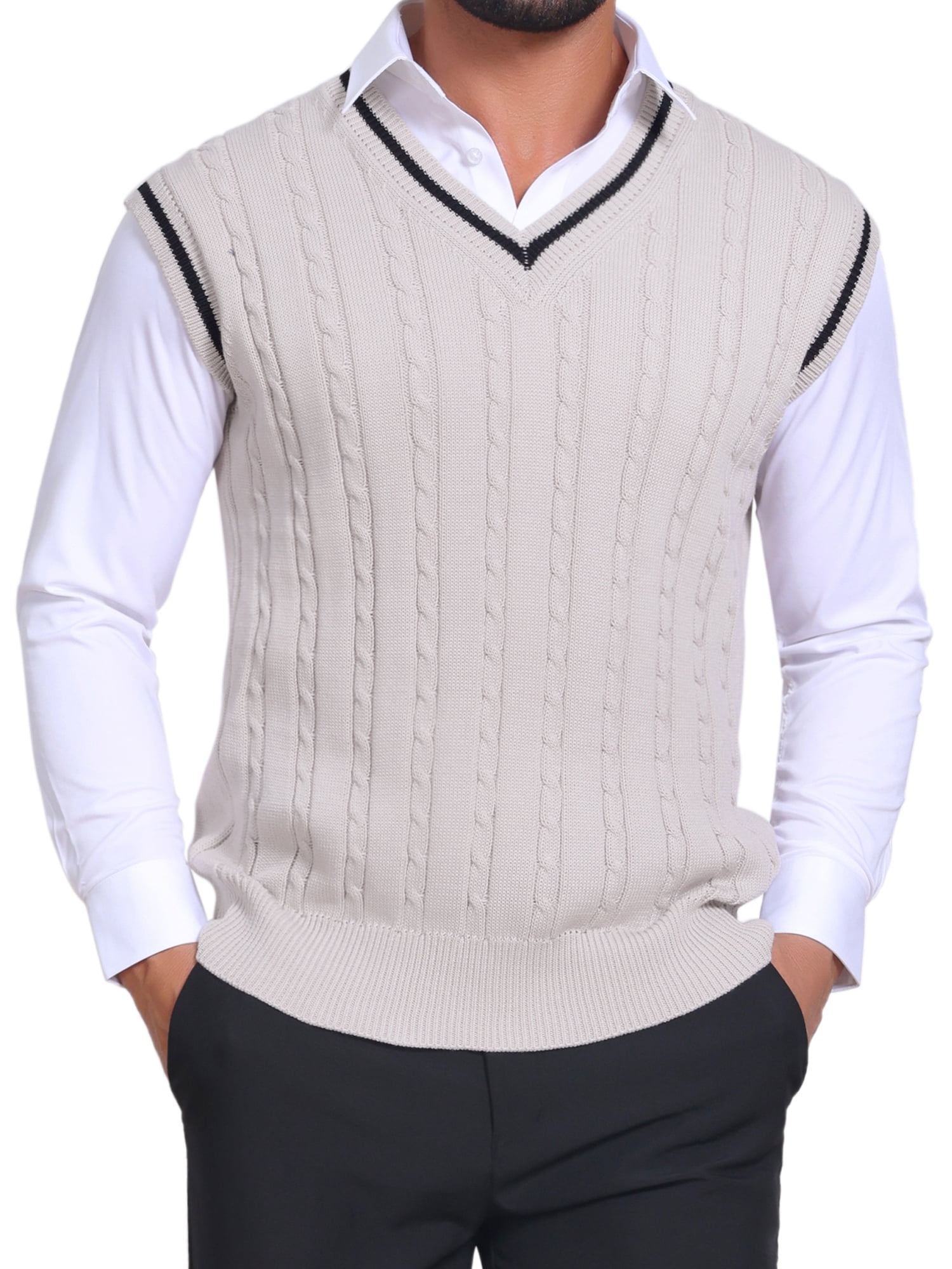 DARING DIVA Men's Solid Color V-Neck Sleeveless Cable Knitted Sweater Vest L Beige