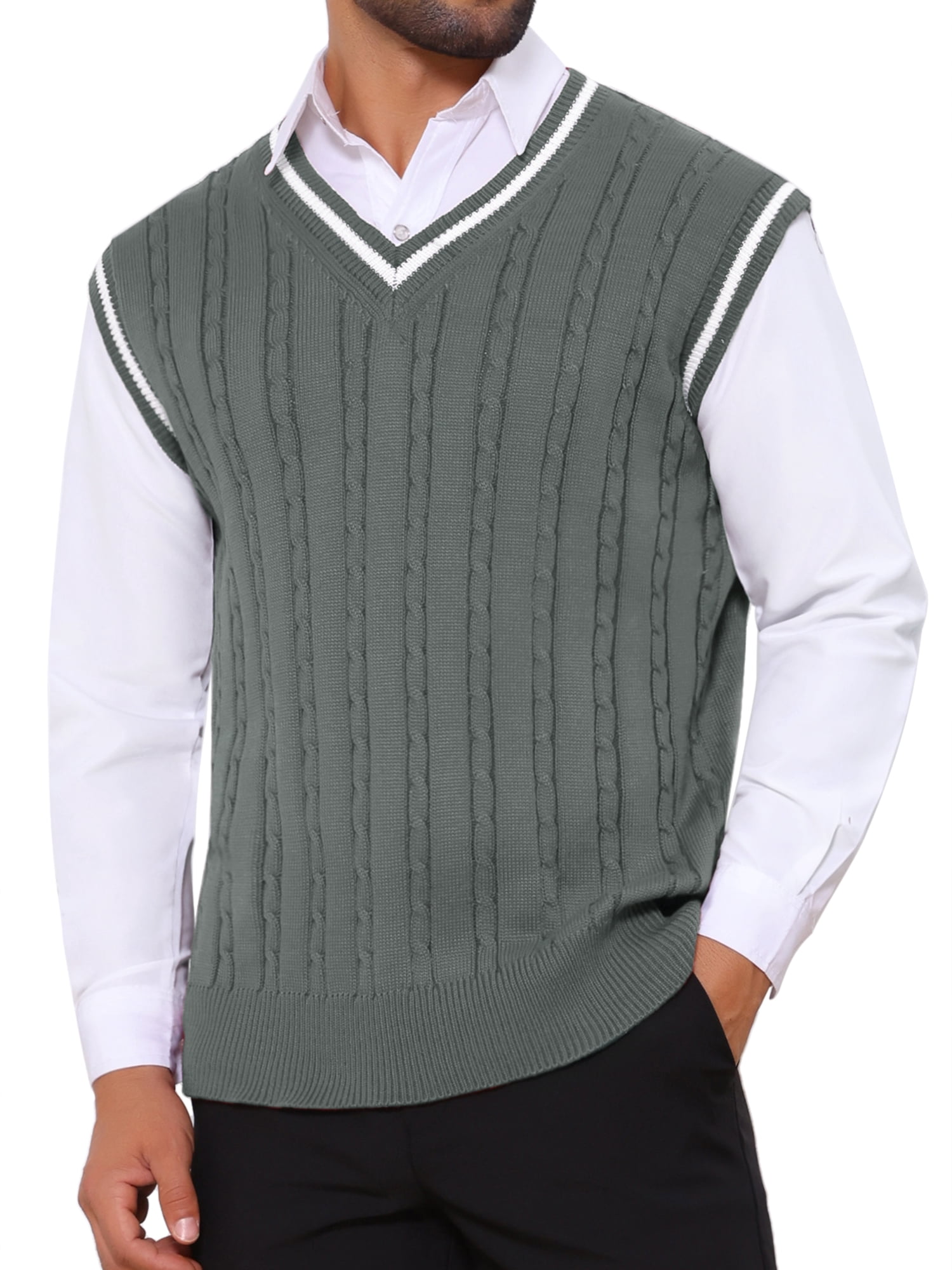 DARING DIVA Men's Solid Color V-Neck Sleeveless Cable Knitted Sweater Vest L Dark Gray