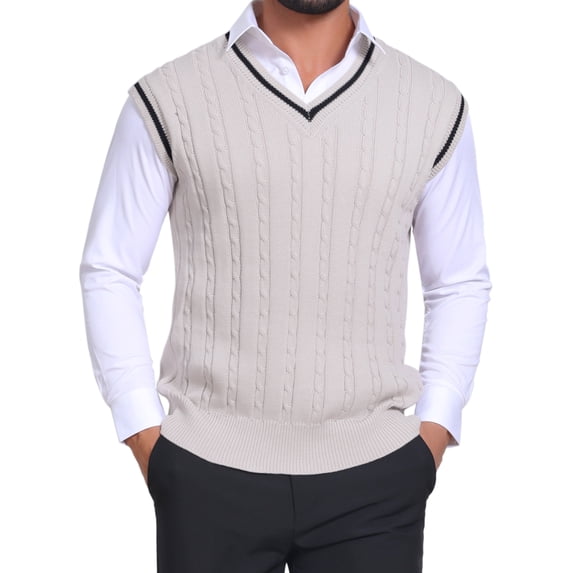 DARING DIVA Men's Solid Color V-Neck Sleeveless Cable Knitted Sweater Vest M Beige