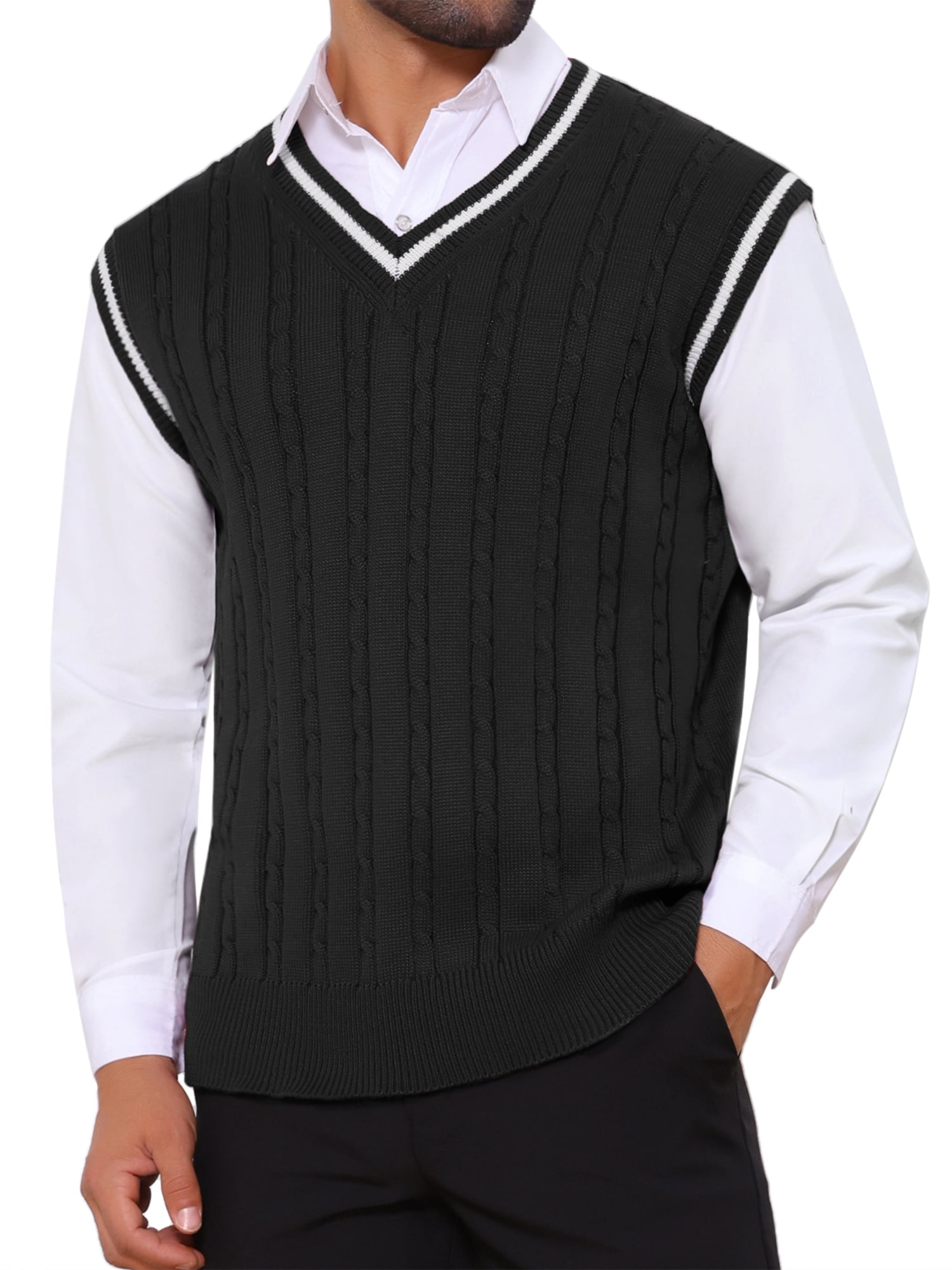 DARING DIVA Men's Solid Color V-Neck Sleeveless Cable Knitted Sweater Vest M Black