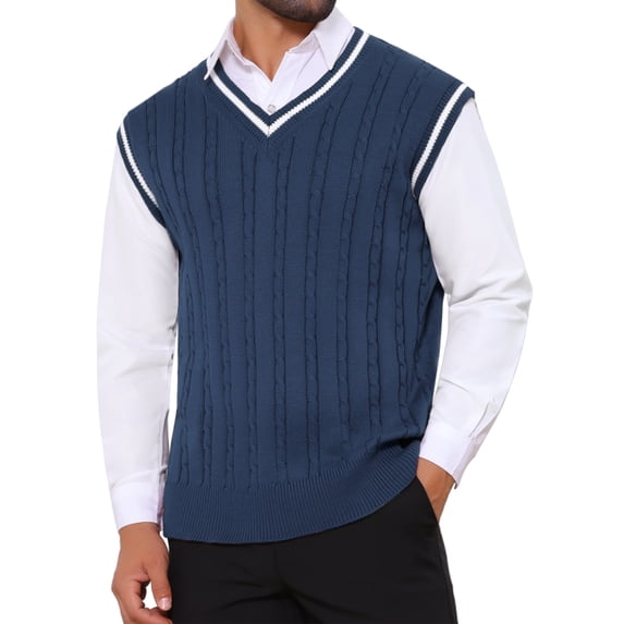 DARING DIVA Men's Solid Color V-Neck Sleeveless Cable Knitted Sweater Vest M Navy Blue