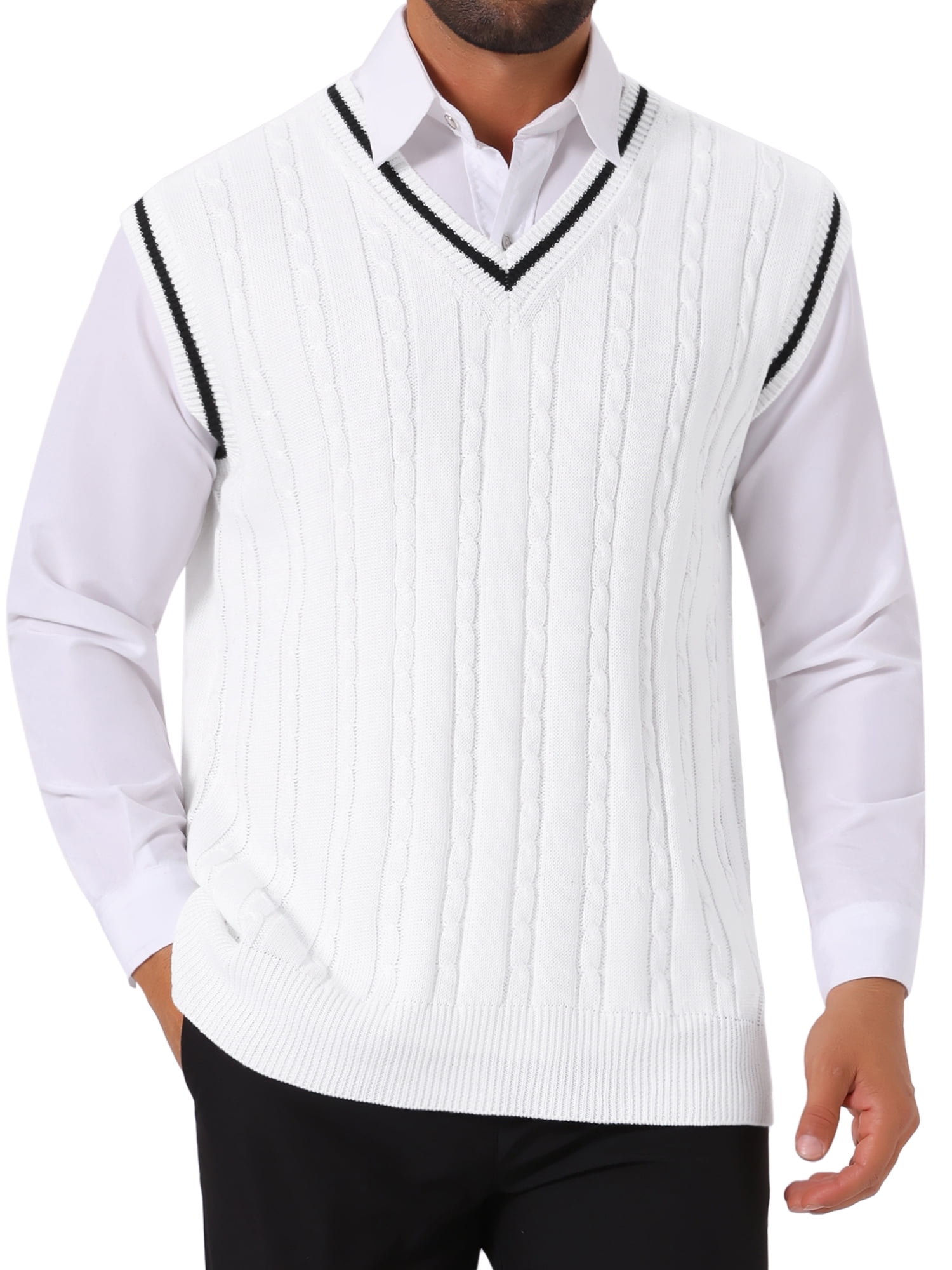DARING DIVA Men's Solid Color V-Neck Sleeveless Cable Knitted Sweater Vest M White