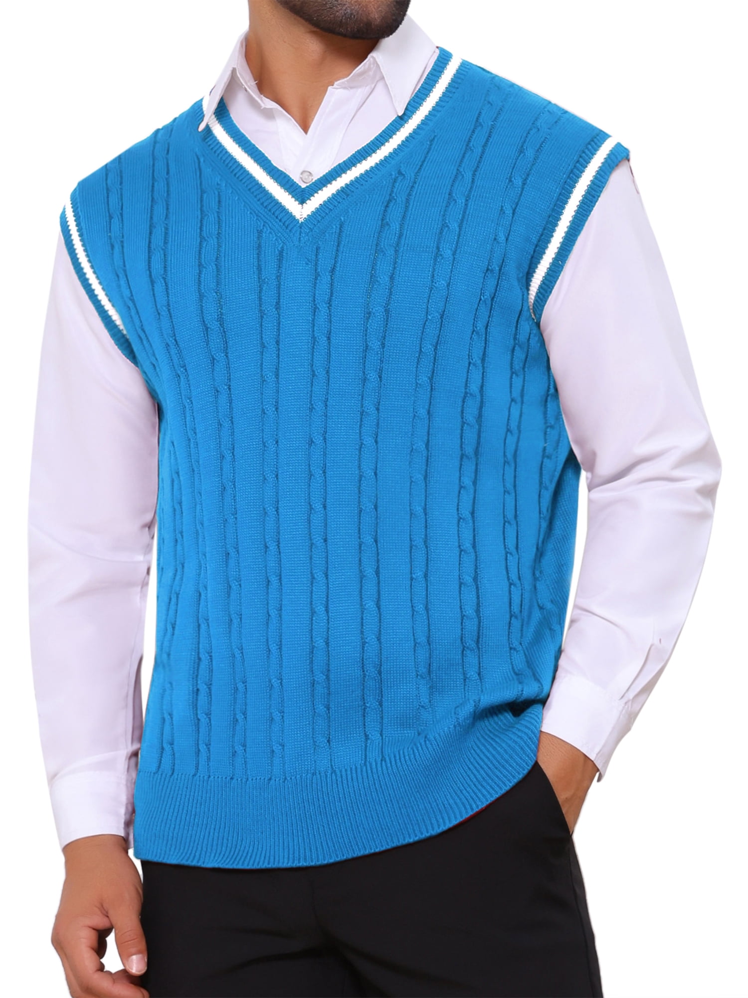 DARING DIVA Men's Solid Color V-Neck Sleeveless Cable Knitted Sweater Vest S Blue