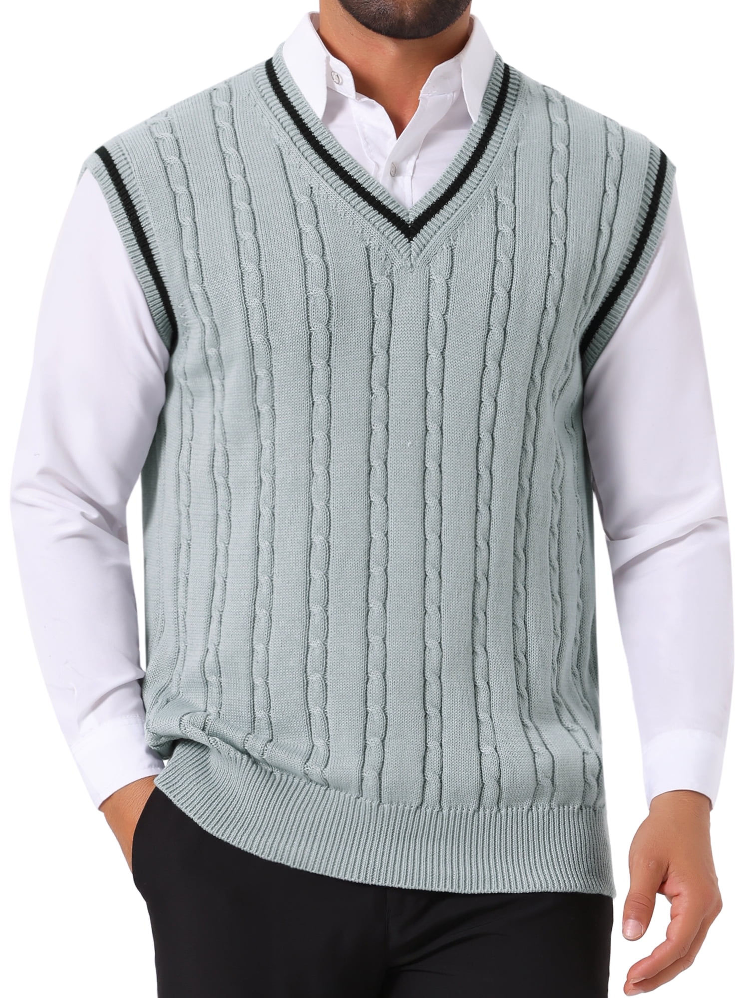 DARING DIVA Men's Solid Color V-Neck Sleeveless Cable Knitted Sweater Vest XL Light Gray