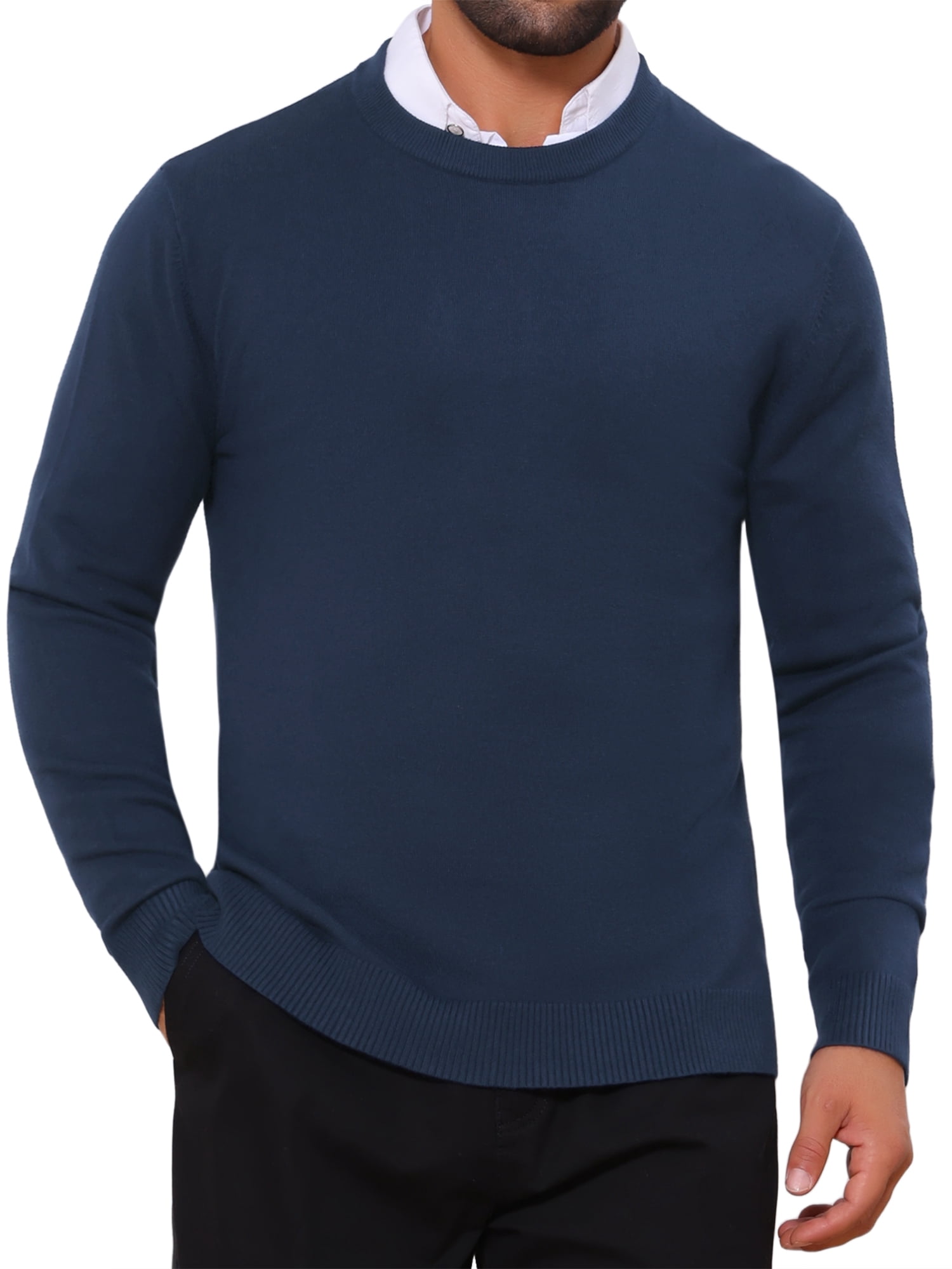 DARING DIVA Men's Solid Crew Neck Long Sleeve Soft Knit Pullover Sweater L Navy Blue