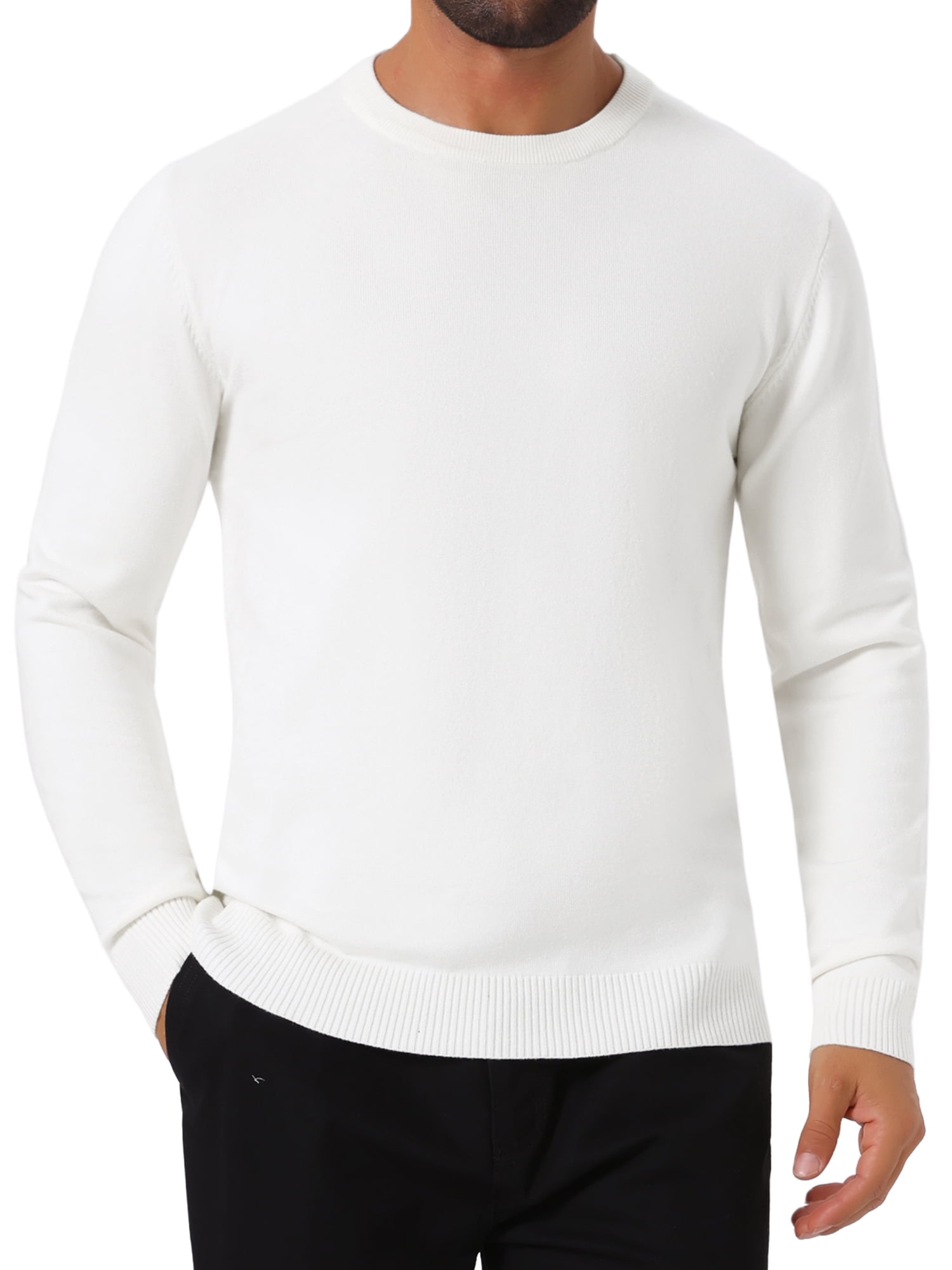 DARING DIVA Men's Solid Crew Neck Long Sleeve Soft Knit Pullover Sweater M White