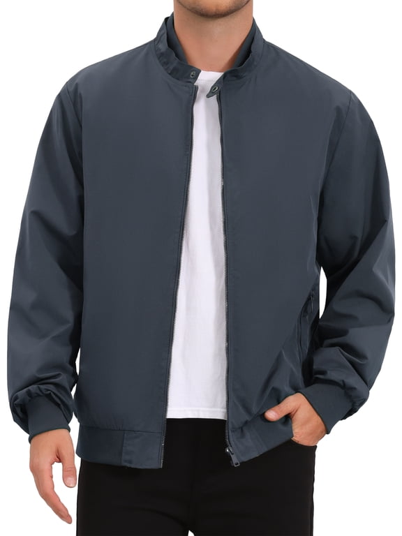 Men's Solid Lightweight Stand Collar Windbreaker Bomber Jacket L Navy Blue