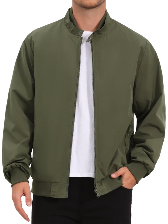 Men's Solid Lightweight Stand Collar Windbreaker Bomber Jacket L Olive Green