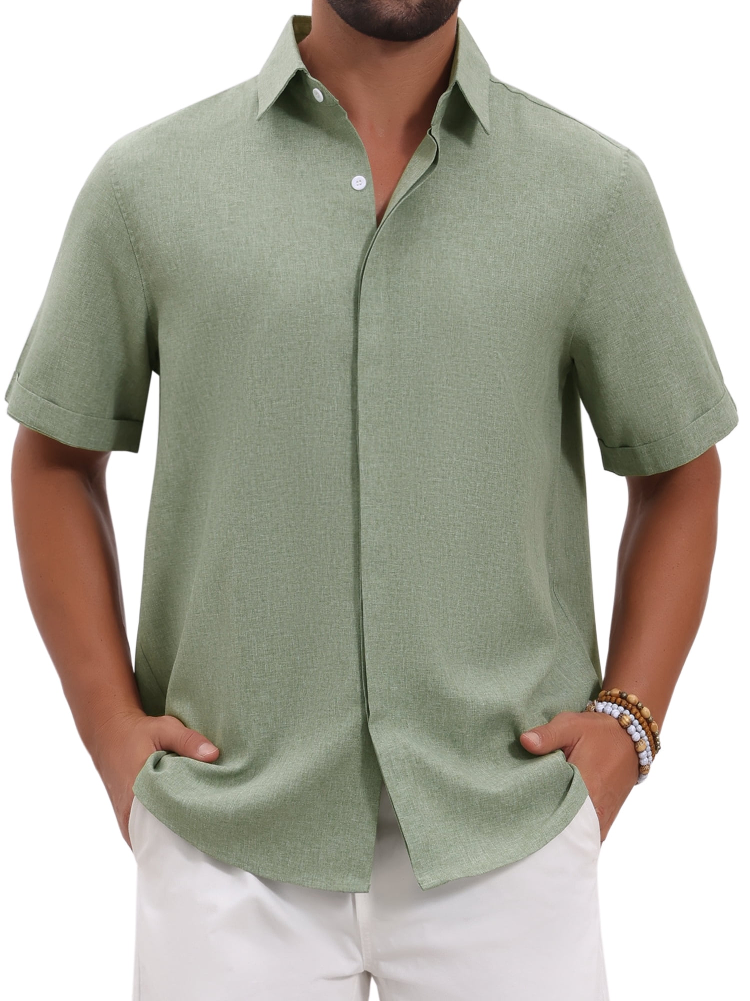 DARING DIVA Men's Solid Summer Short Sleeve Button Down Linen Shirts 2XL Light Green