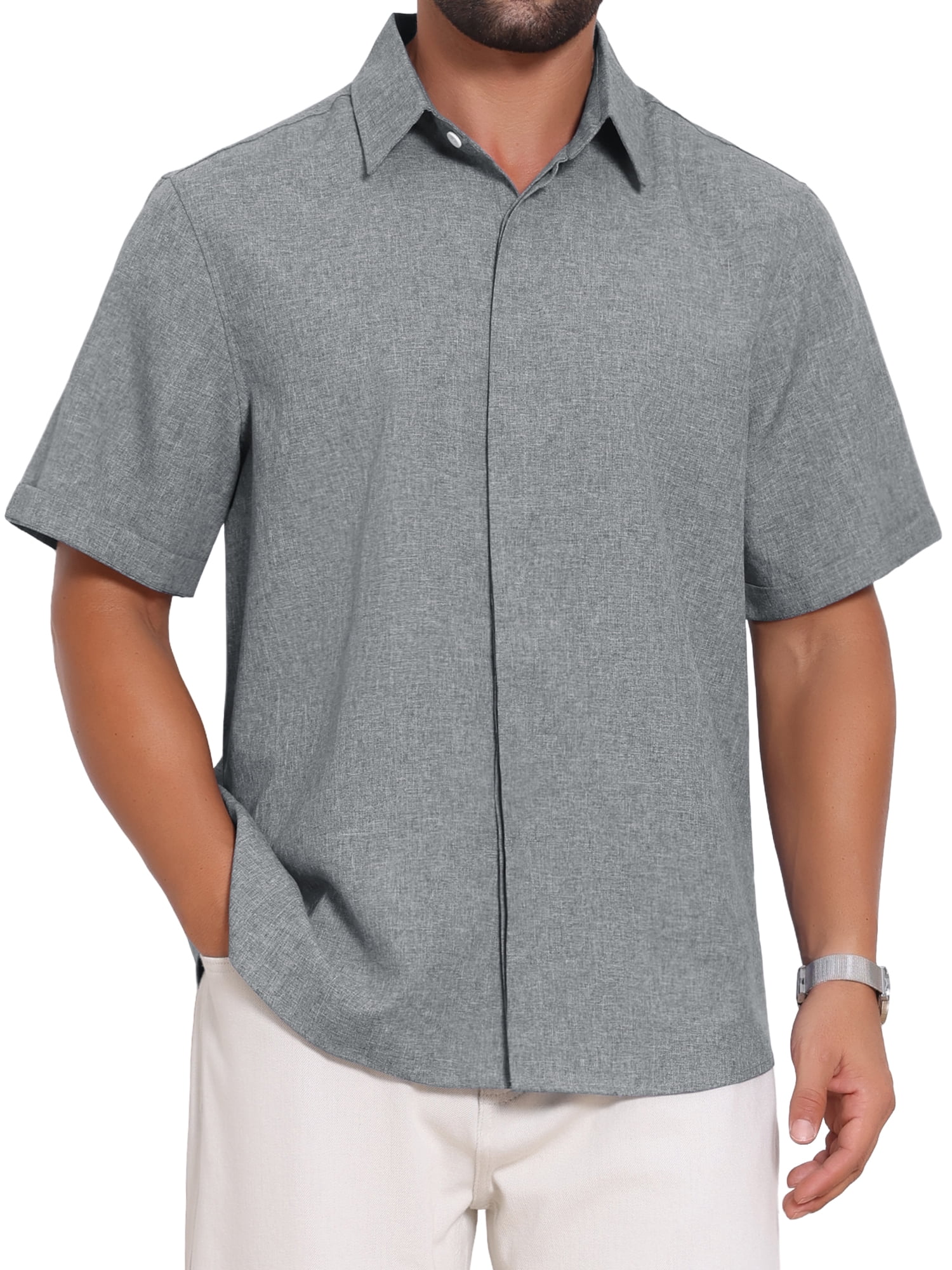 DARING DIVA Men's Solid Summer Short Sleeve Button Down Linen Shirts L Dark Gray